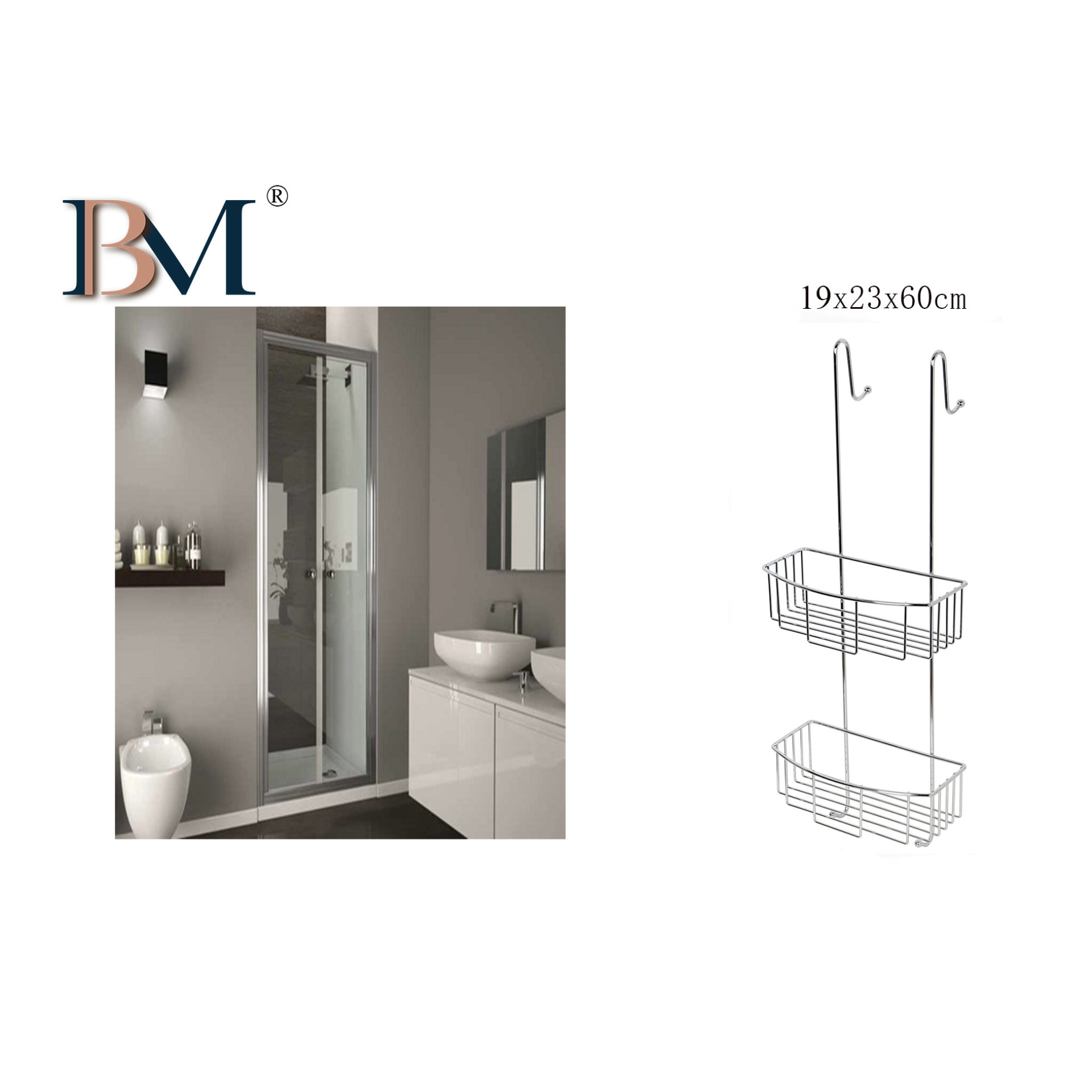 CESTELLO CROMATO 2 PIANI CON GANCI PER BOX DOCCIABM