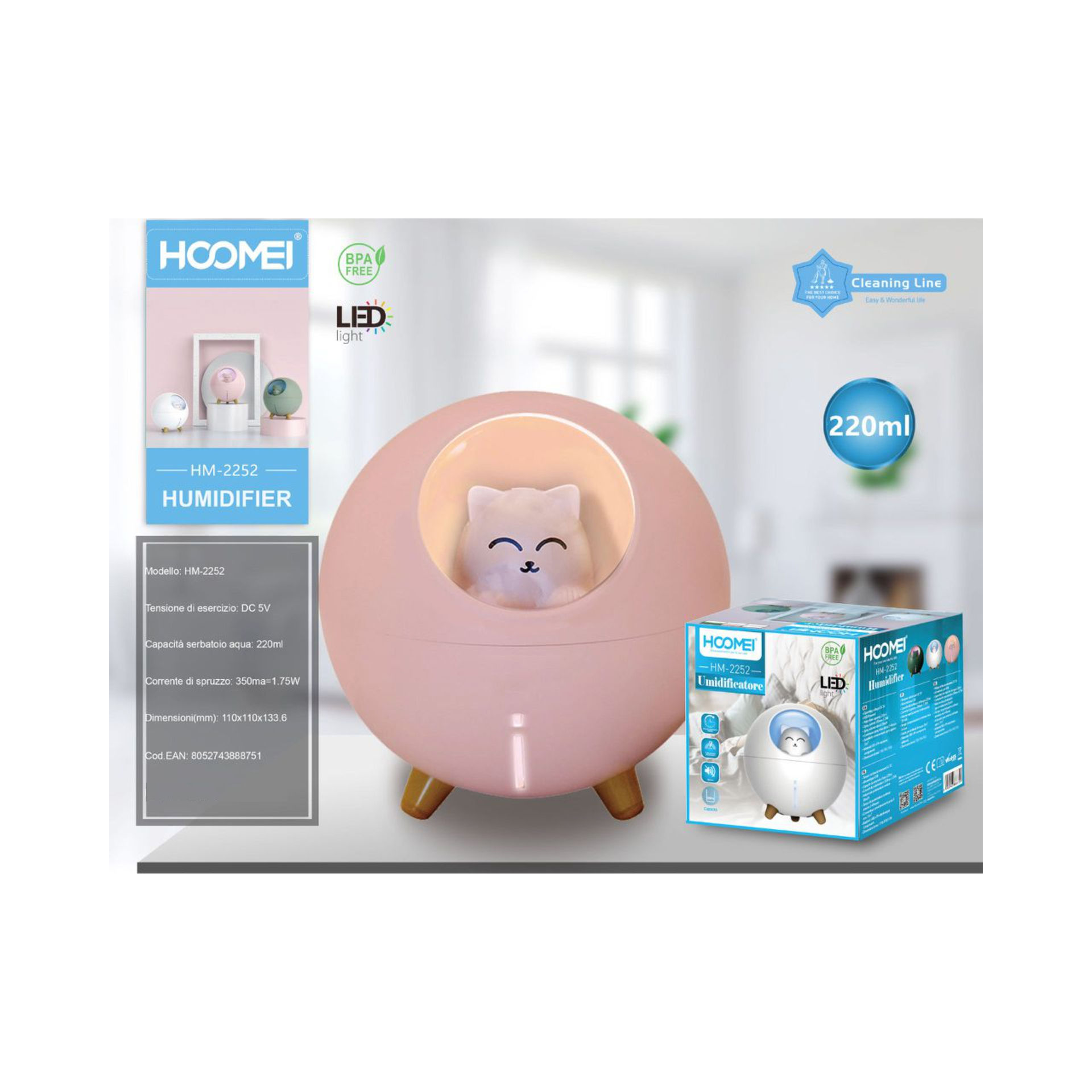 UMIDIFICATORE 1.75W 220ML HM-2252Hoomei