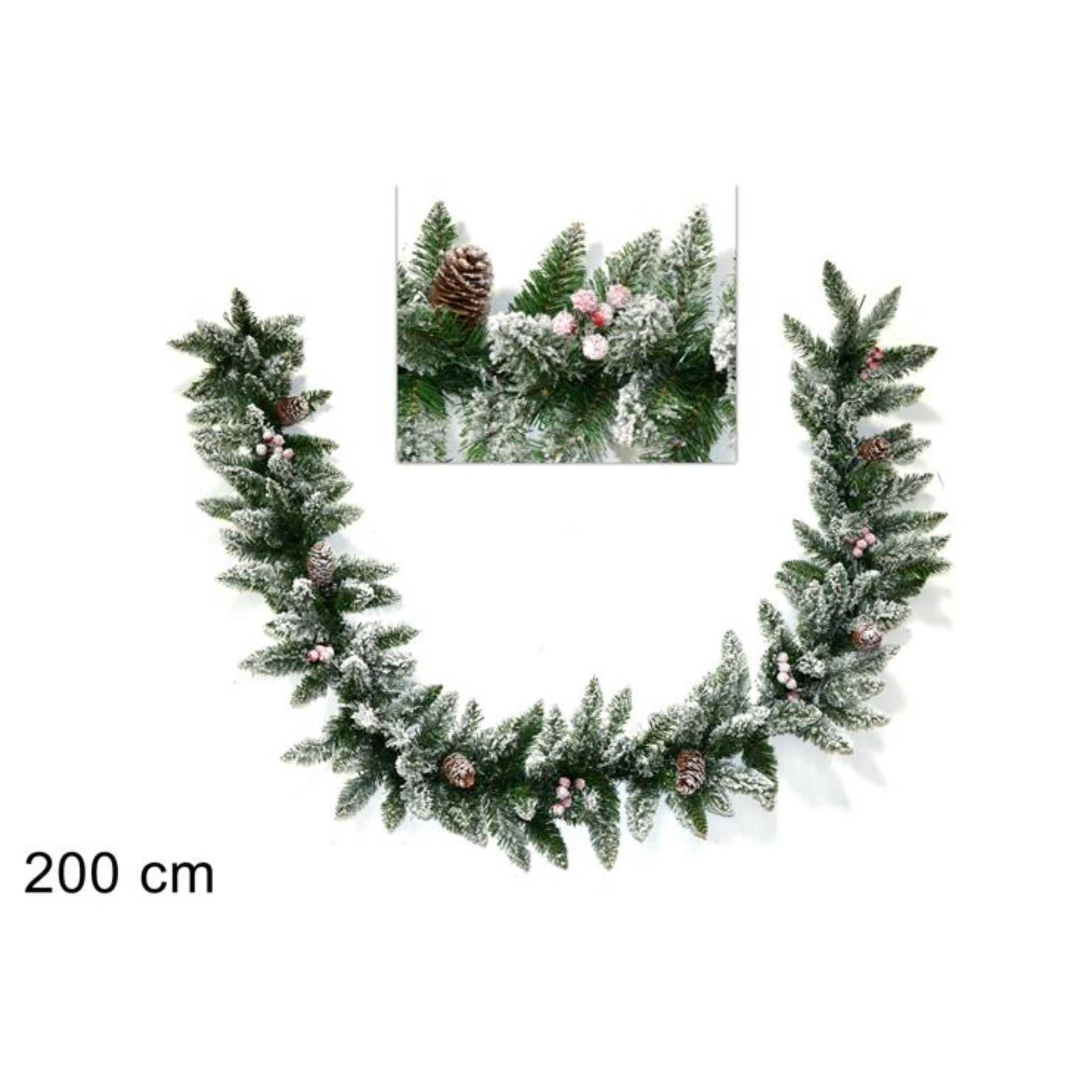 GHIRLANDA 200 CM 130 PUNTE INNEVATA C/PIGNE E BACC