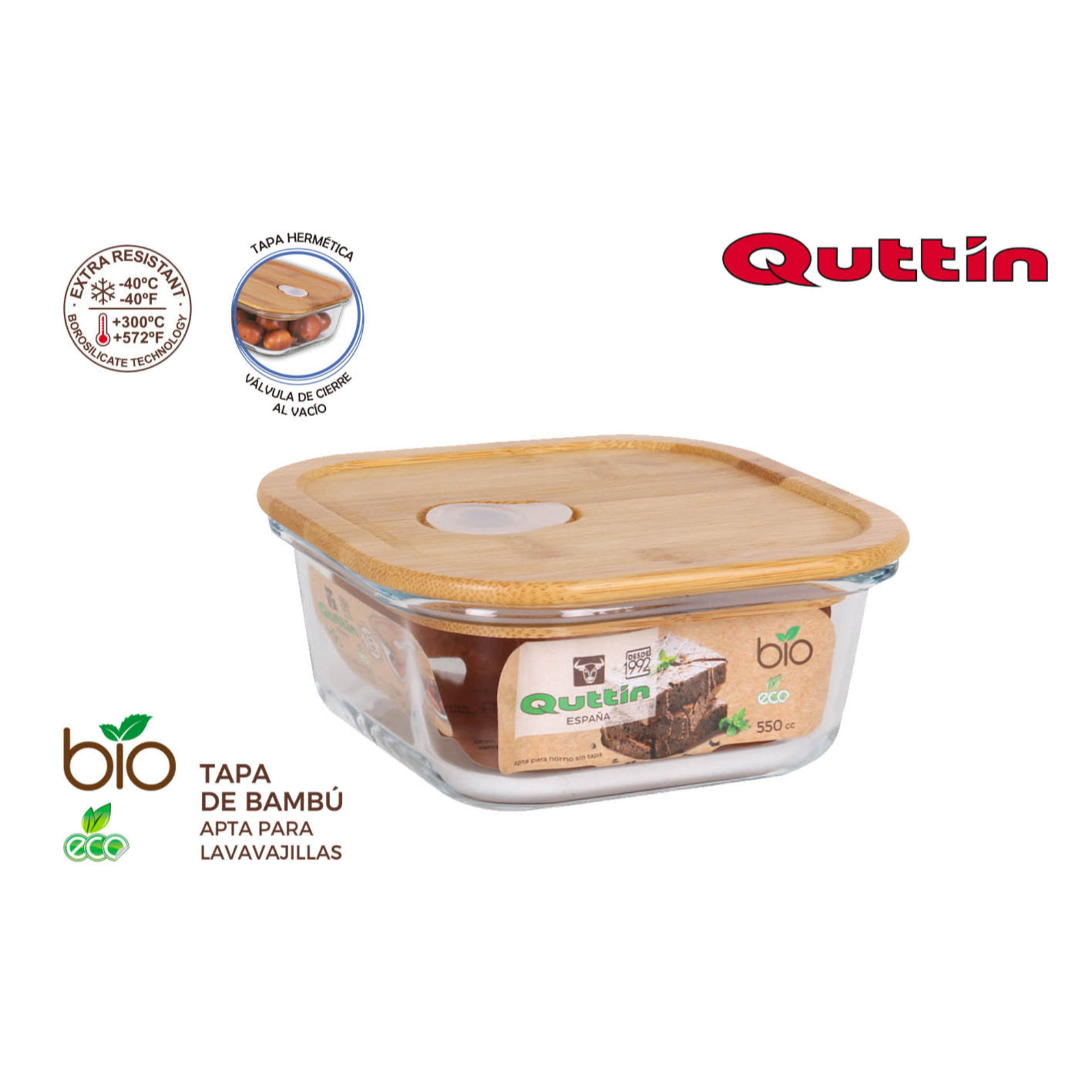 FIAMBR.CUADR. BOROSILIC.TAPA BAMBU14X14CM  QUTTINQuittin