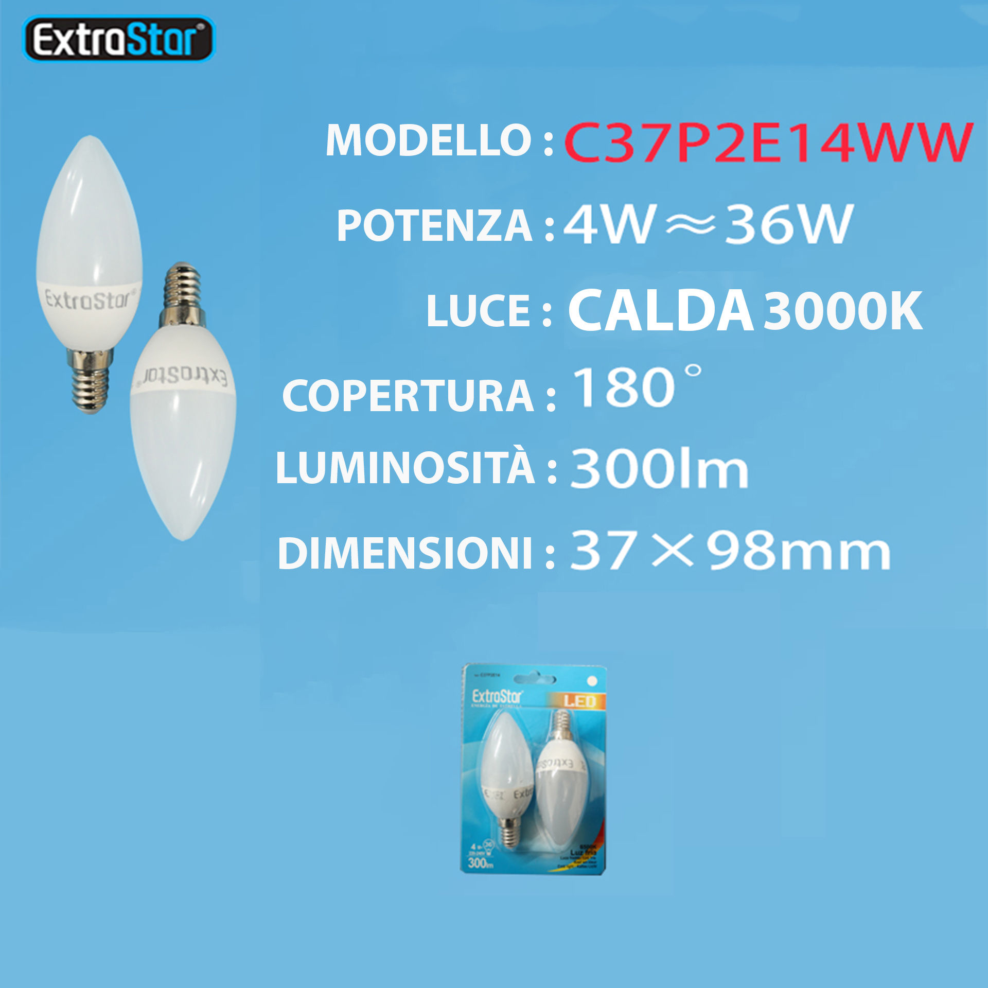 LAMPADINA LED E14 4W 300LM  2U LUCE CALDAExtrastar