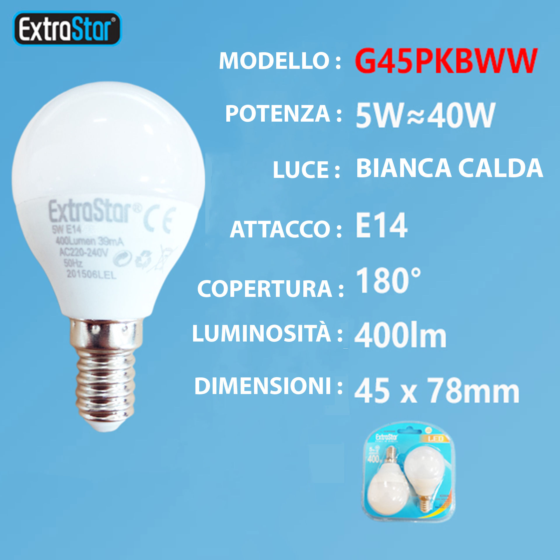 LAMPADINA LED E14 5W 400LM  2PZ LUCE CALDAExtrastar