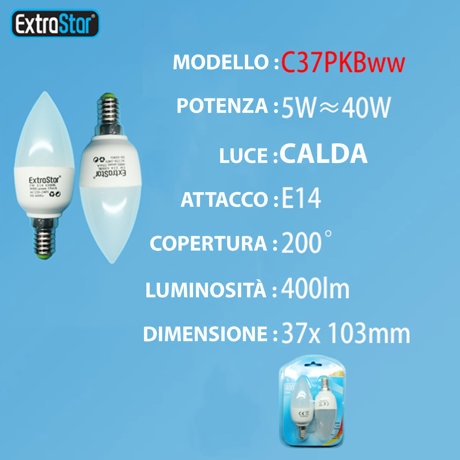 LAMPADINA LED E14 5W 400LM  2PZ LUCE CALDAExtrastar