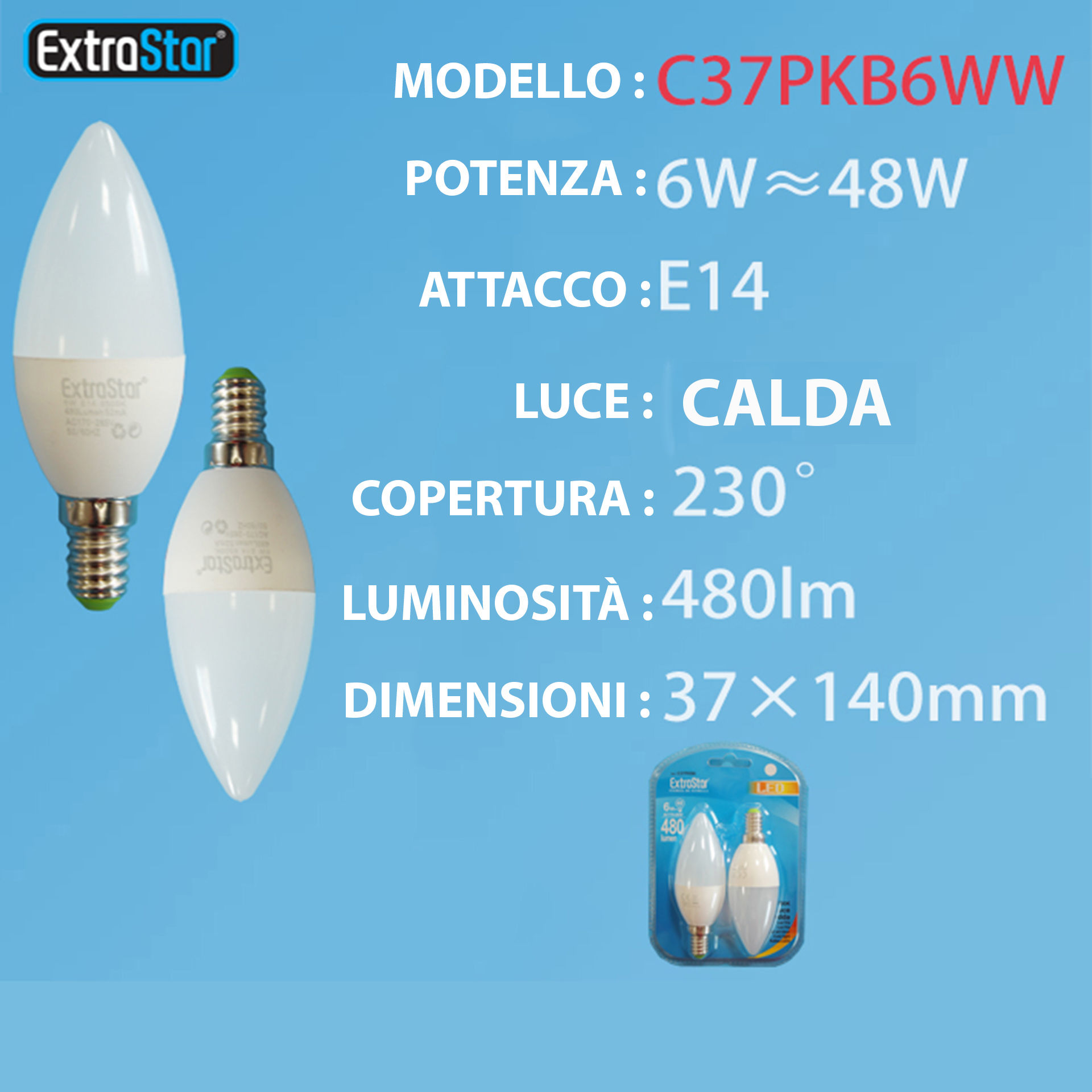 LAMPADINA LED E14 6W 480LM  2PZ LUCE CALDAExtrastar