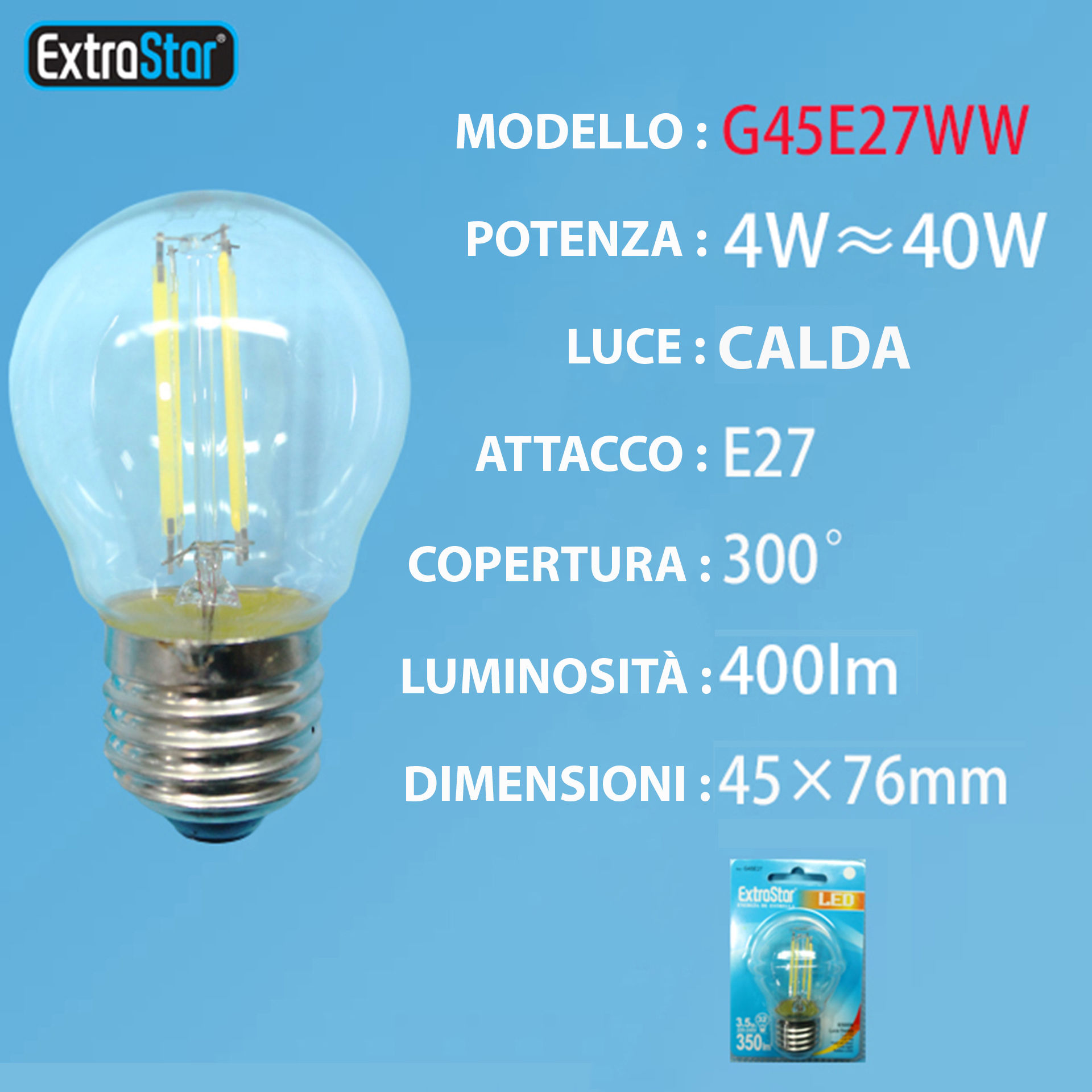 LAMPADINA LED E27 4W 400LM LUCE CALDAExtrastar