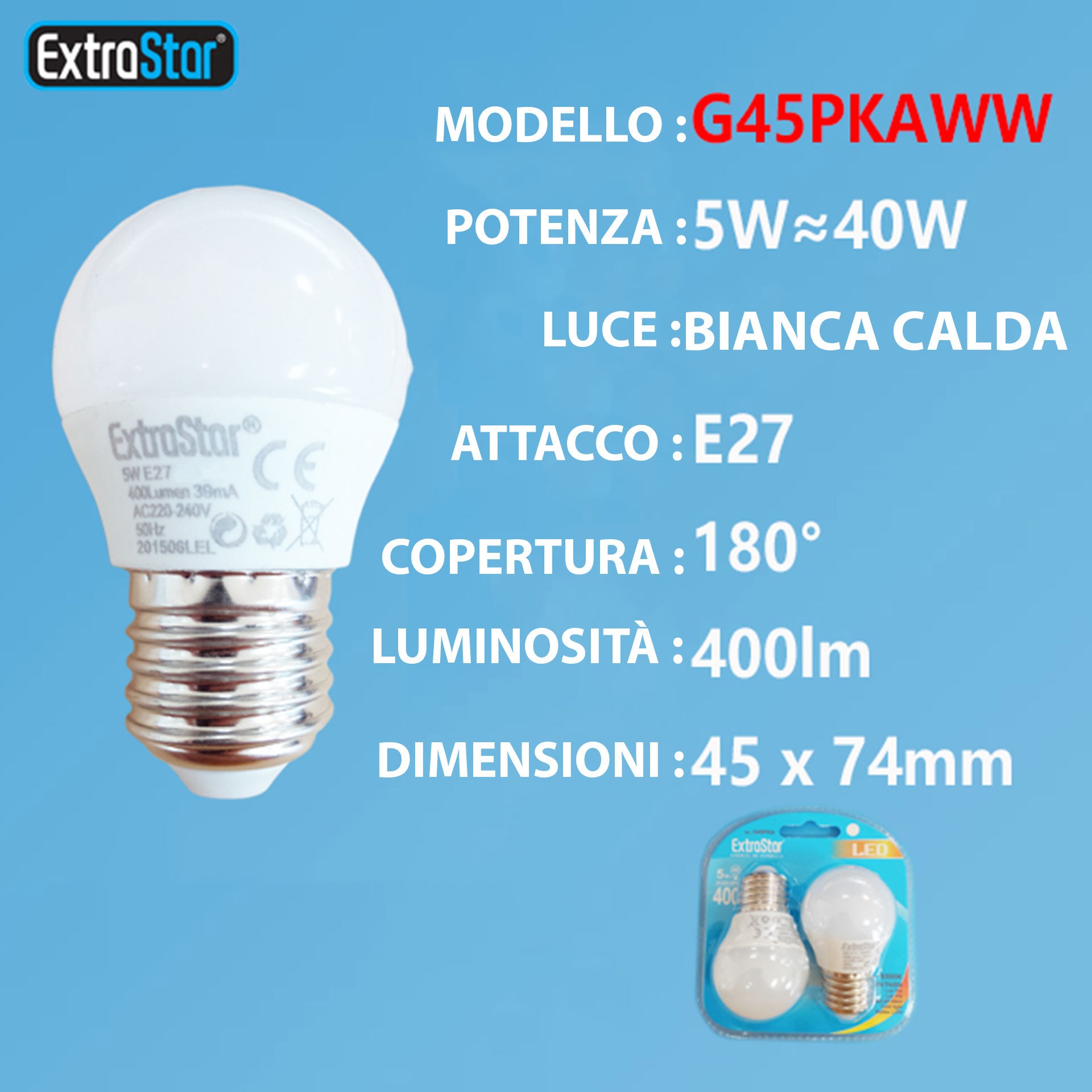 LAMPADINA LED E27 5W 400LM  2PZ LUCE CALDAExtrastar