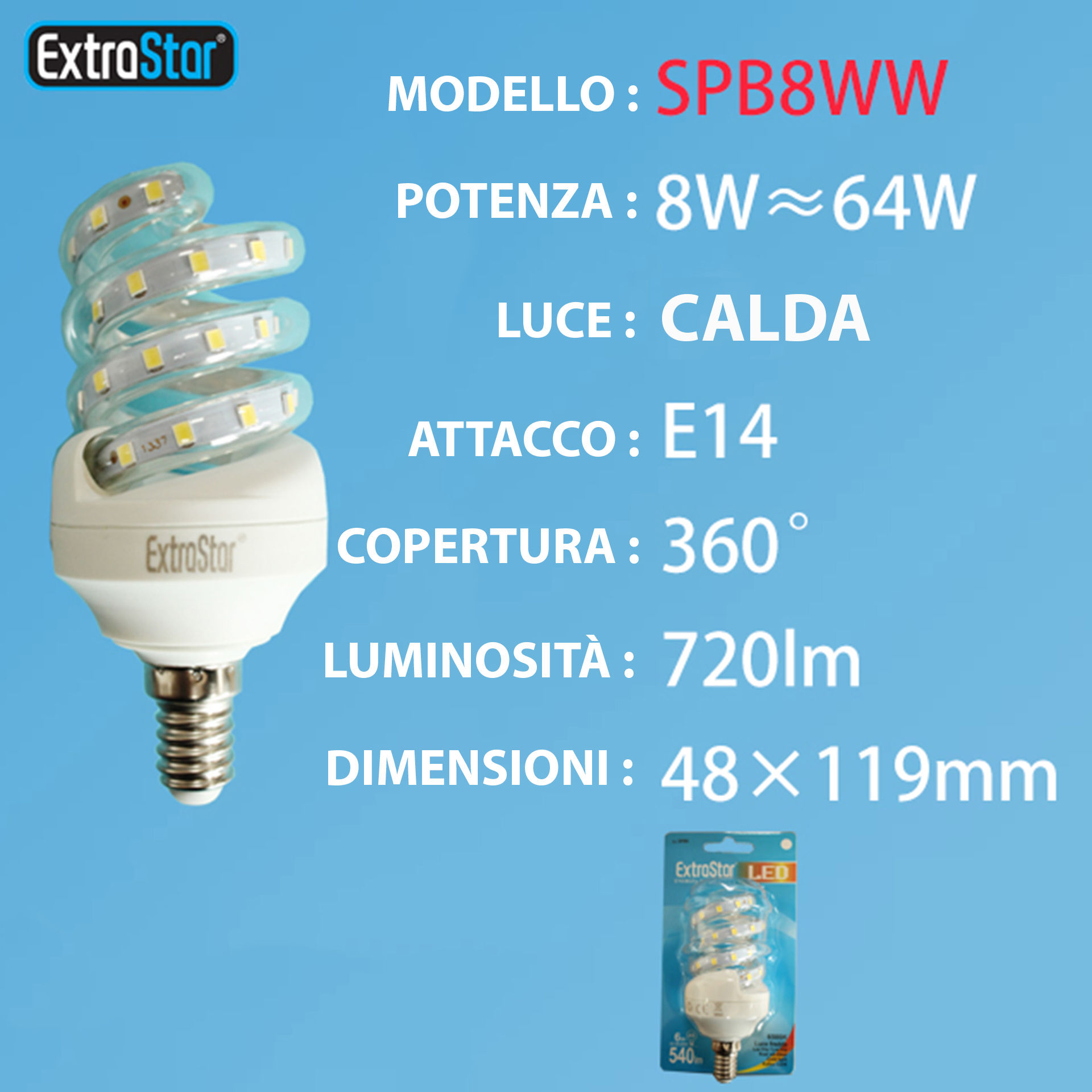 LAMPADINA LED SPIRALE E14 8W 720LM LUCE CALDAExtrastar