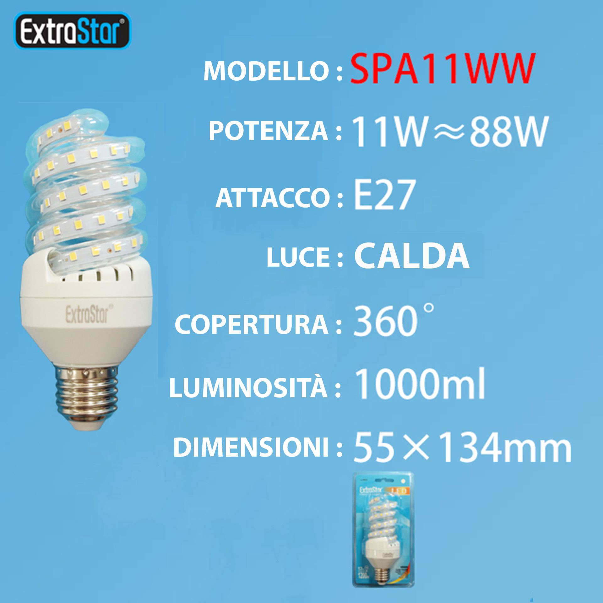 LAMPADINA LED SPIRALE E27 11W 1000LM LUCE CALDAExtrastar