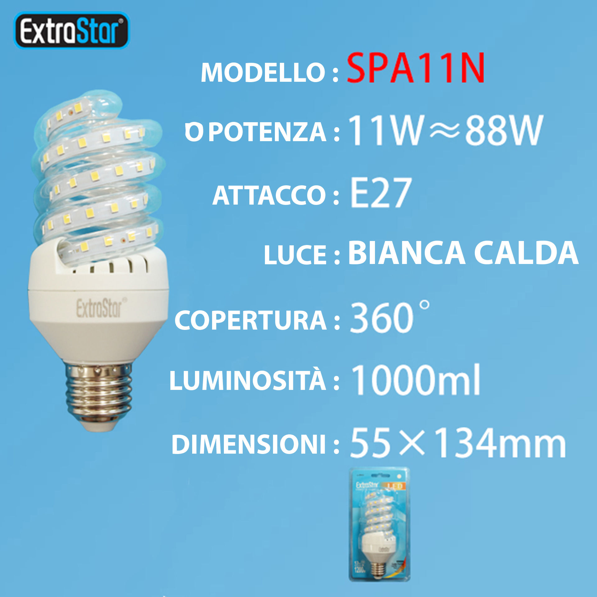 LAMPADINA LED SPIRALE E27 11W 1000LM LUCE NATURALEExtrastar