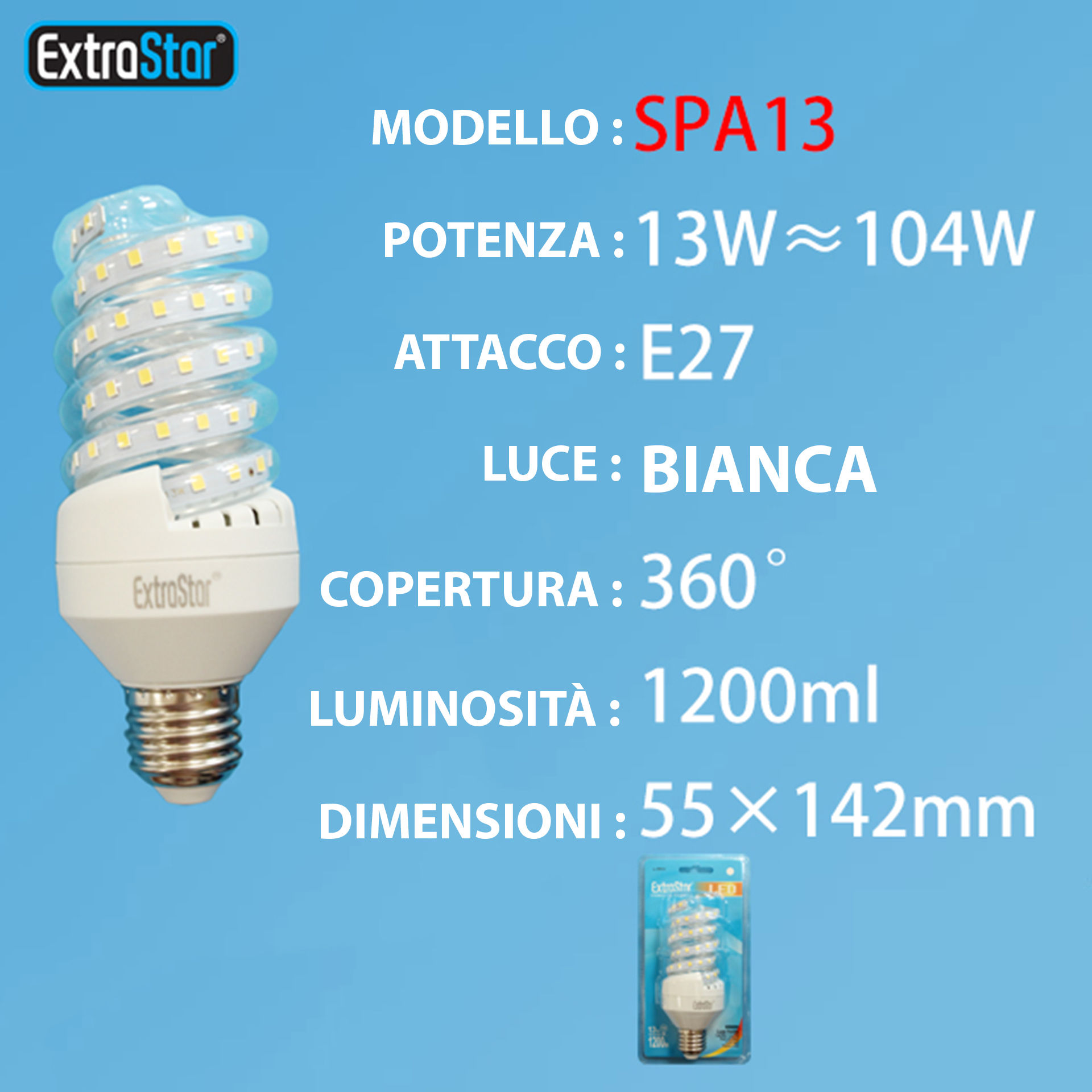 LAMPADINA LED SPIRALE E27 13W 1200LM LUCE FREDDAExtrastar