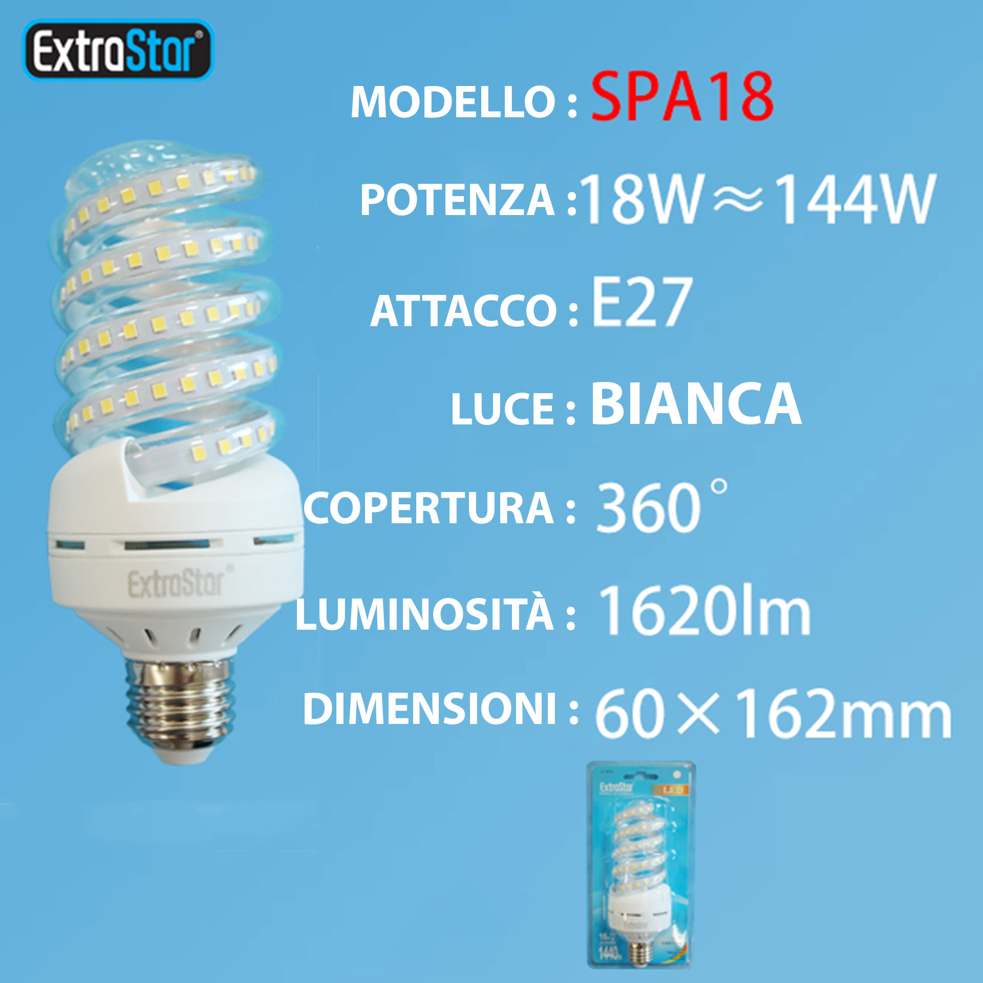 LAMPADINA LED SPIRALE E27 18W 1620LM LUCE FREDDAExtrastar