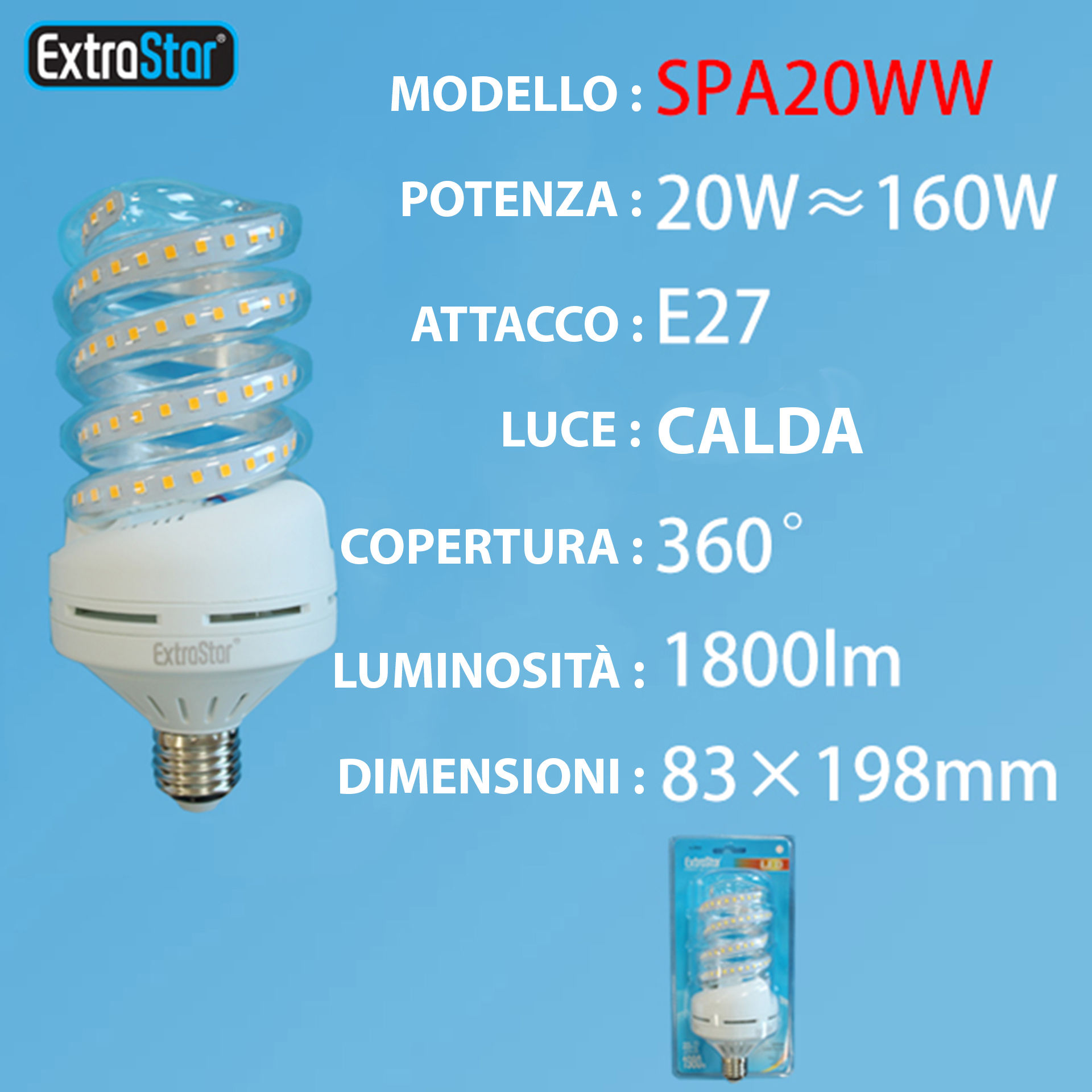 LAMPADINA LED SPIRALE E27 20W 1800LM LUCE CALDAExtrastar