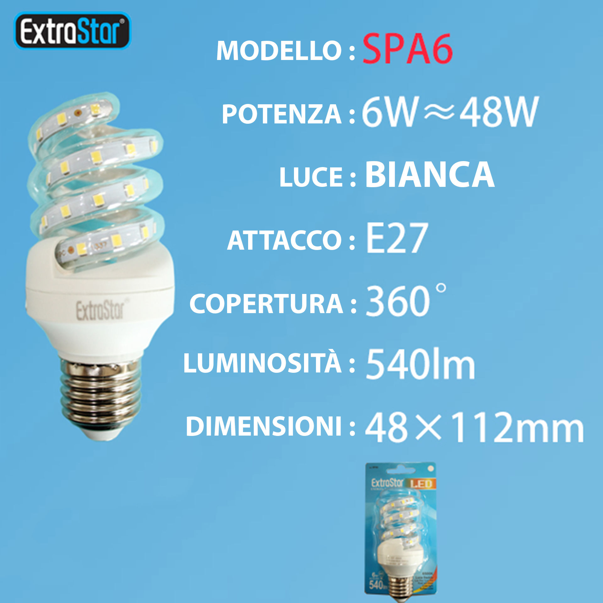 LAMPADINA LED SPIRALE E27 6W 540LM LUCE FREDDAExtrastar
