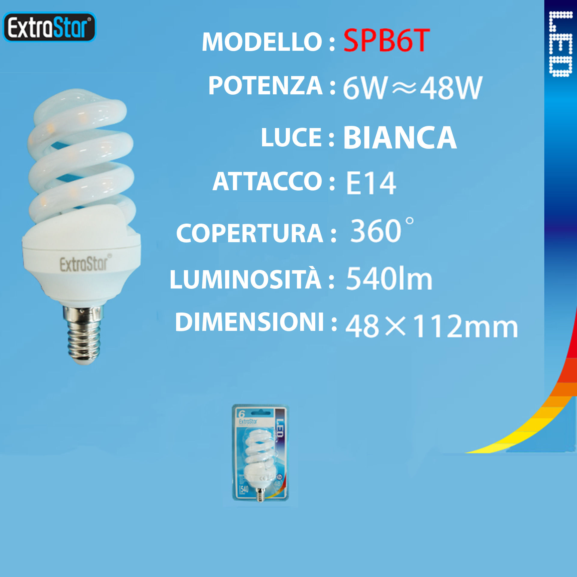 LAMPADINA LED SPIRALE OPACA E14 6W 540LM 6500KExtrastar
