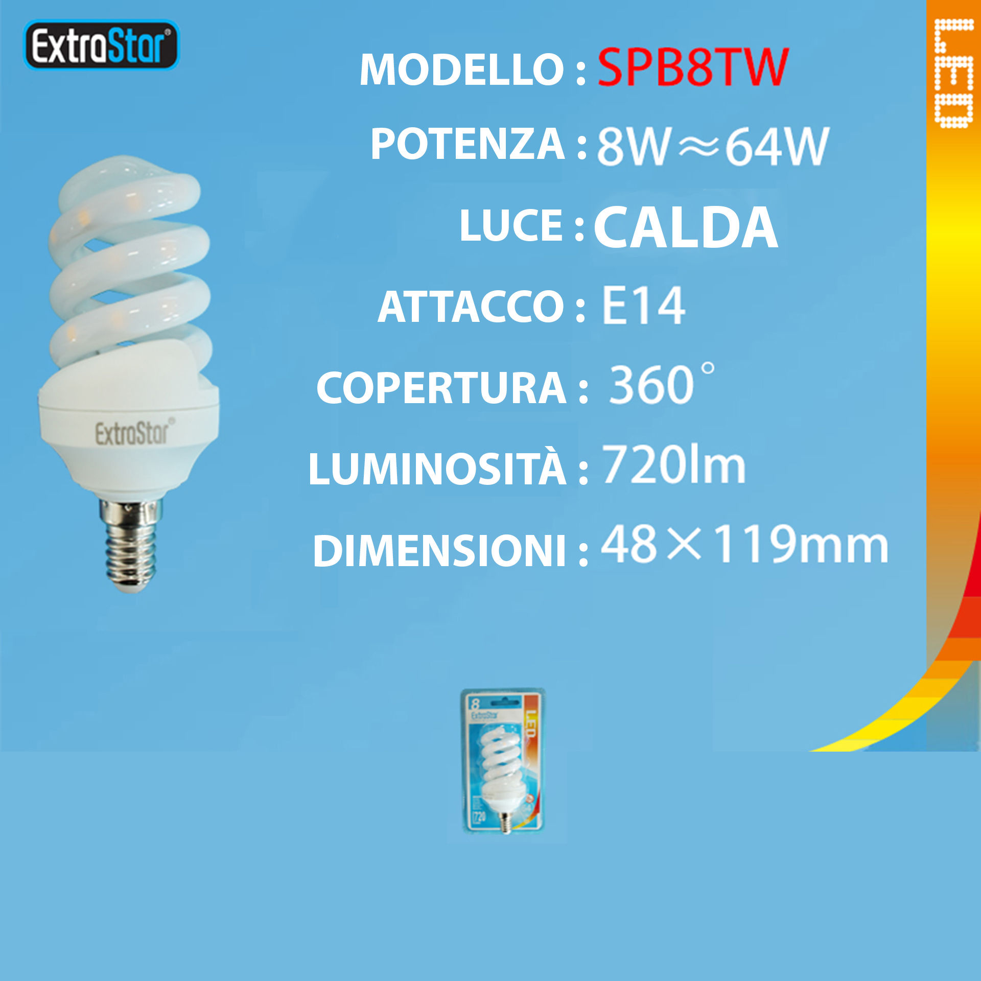 LAMPADINA LED SPIRALE OPACA E14 8W 720LM 3000KExtrastar