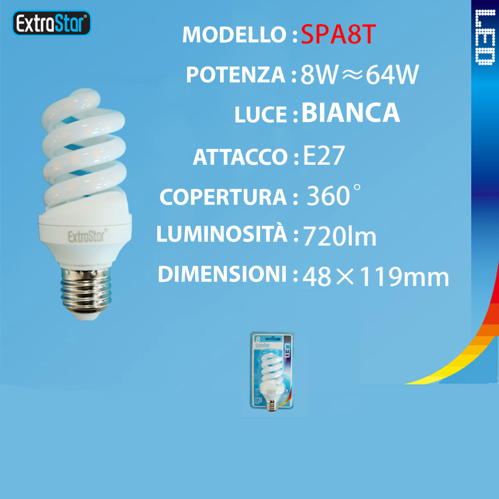 LAMPADINA LED SPIRALE OPACA E27 8W 720LM 6500KExtrastar