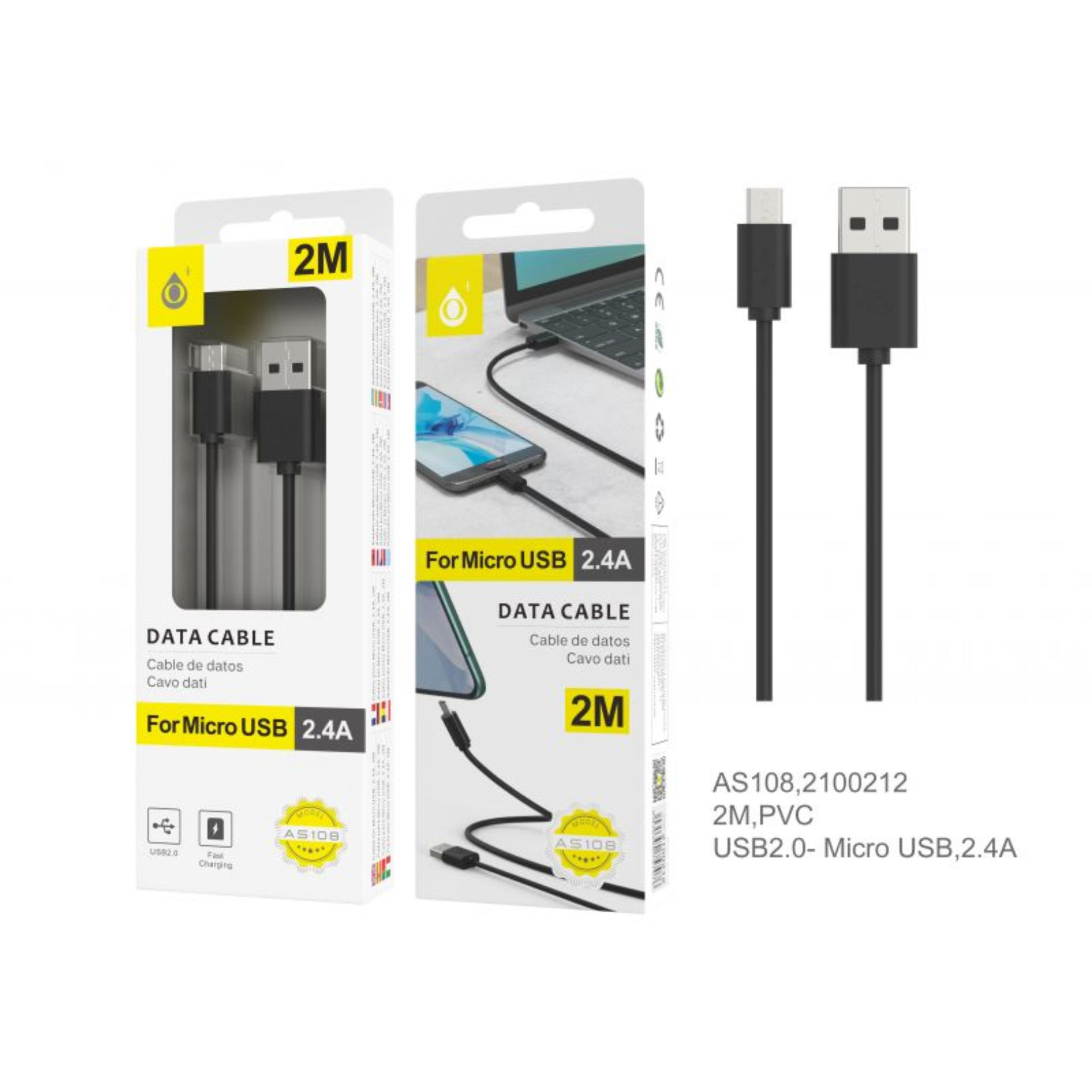 AS108 NE CAVO DATI PER MICRO USB, 2A 2M, NEROOne Plus