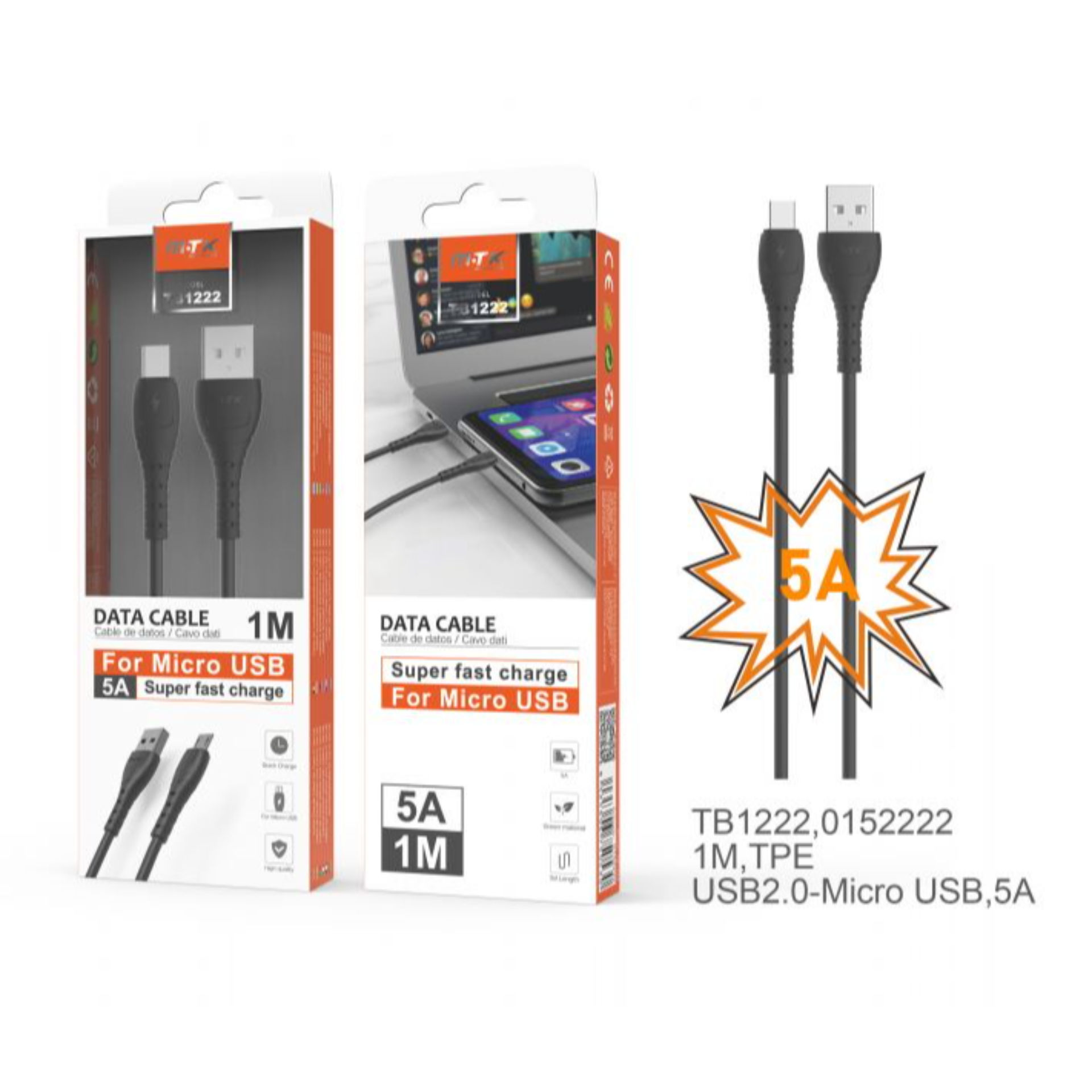 TB1222 NE, MTK, CAVO DATI BURRO MICROUSB, 5A CARIC