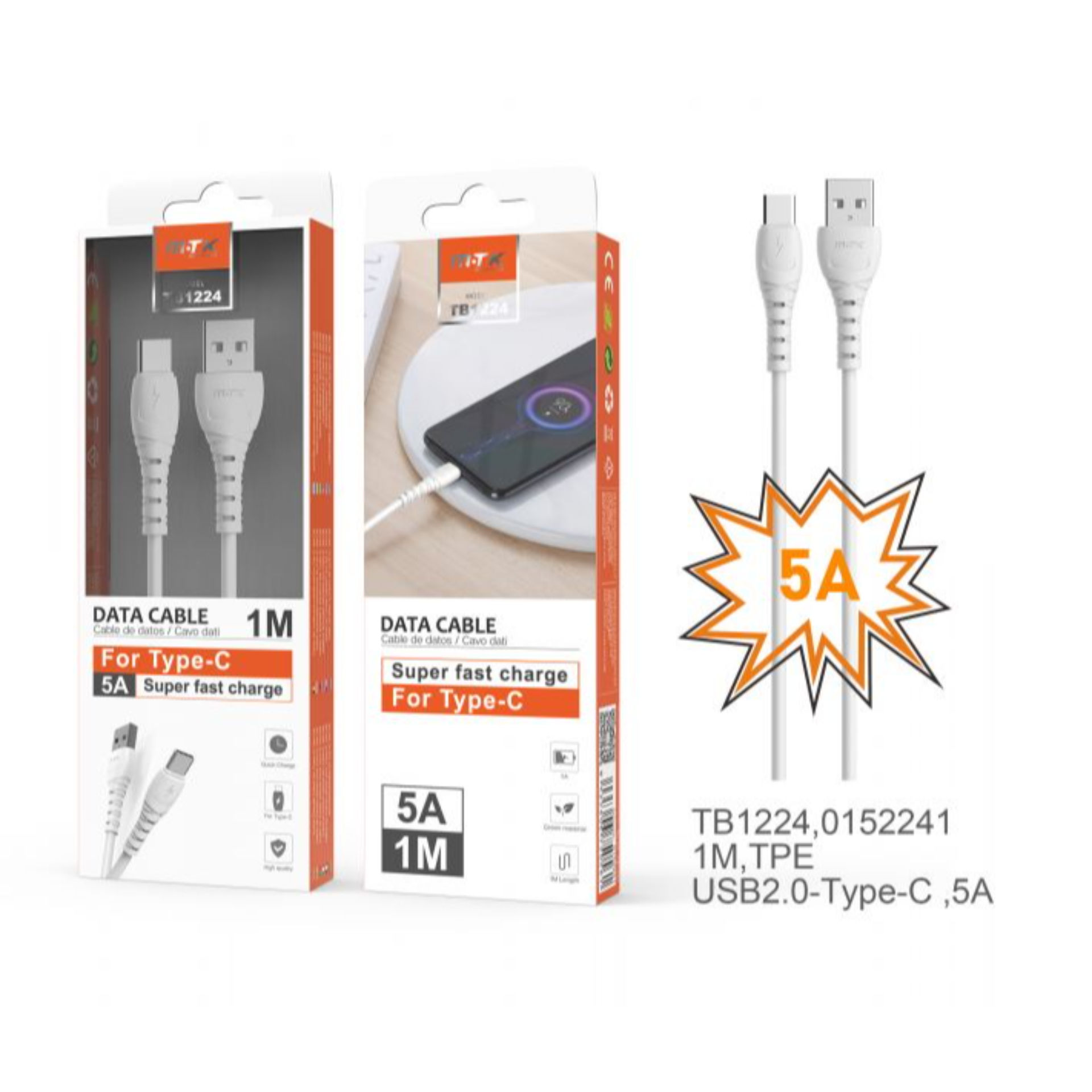 TB1224 BL, MTK, CAVO DATI BURRO PER TIPO C 5A CARI