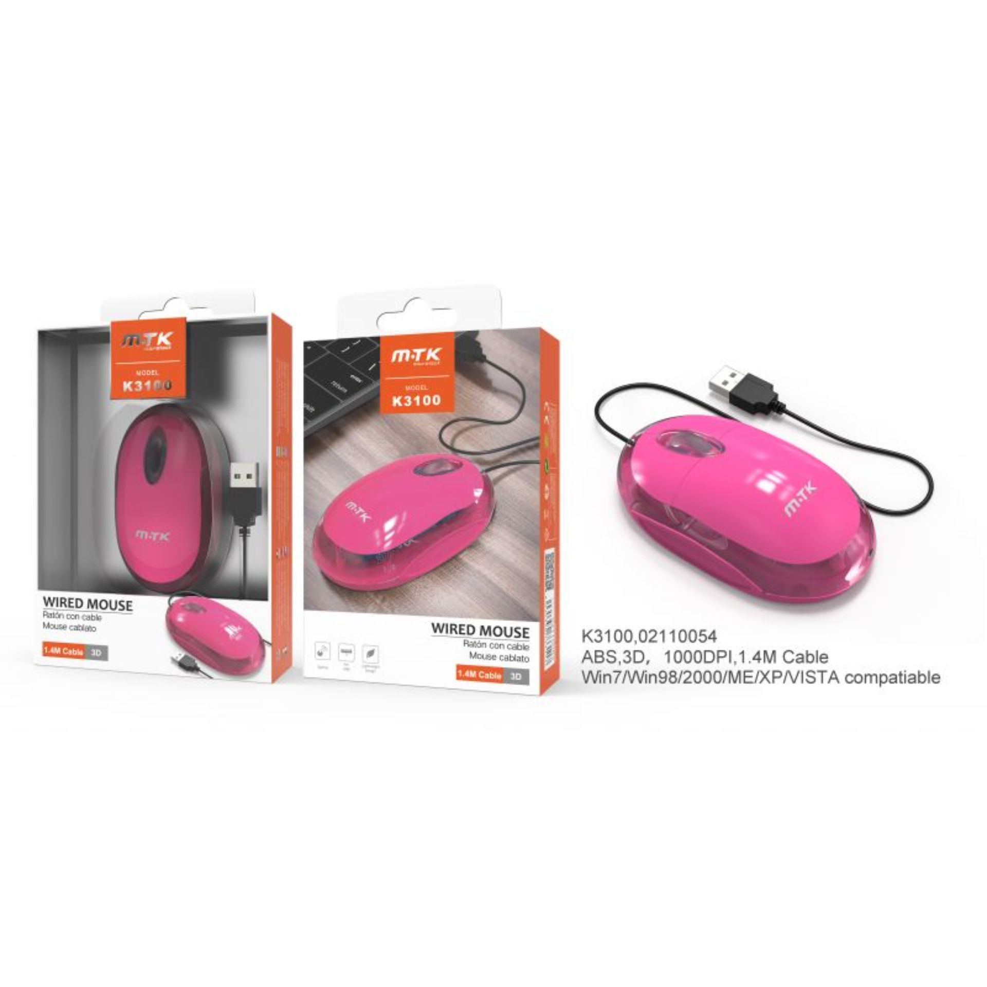 MTK K3100 MOUSE OTTICO CON CAVO 1000 DPI ROSAMTK