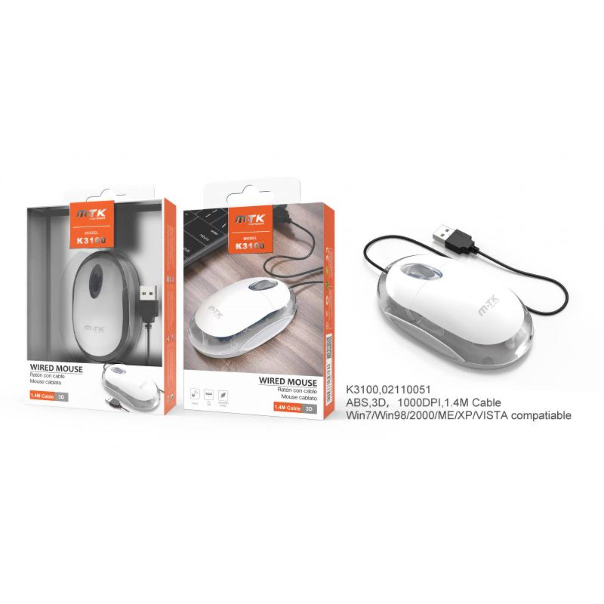 MTK K3100 MOUSE OTTICO CON CAVO 1000 DPI BIANCOMTK