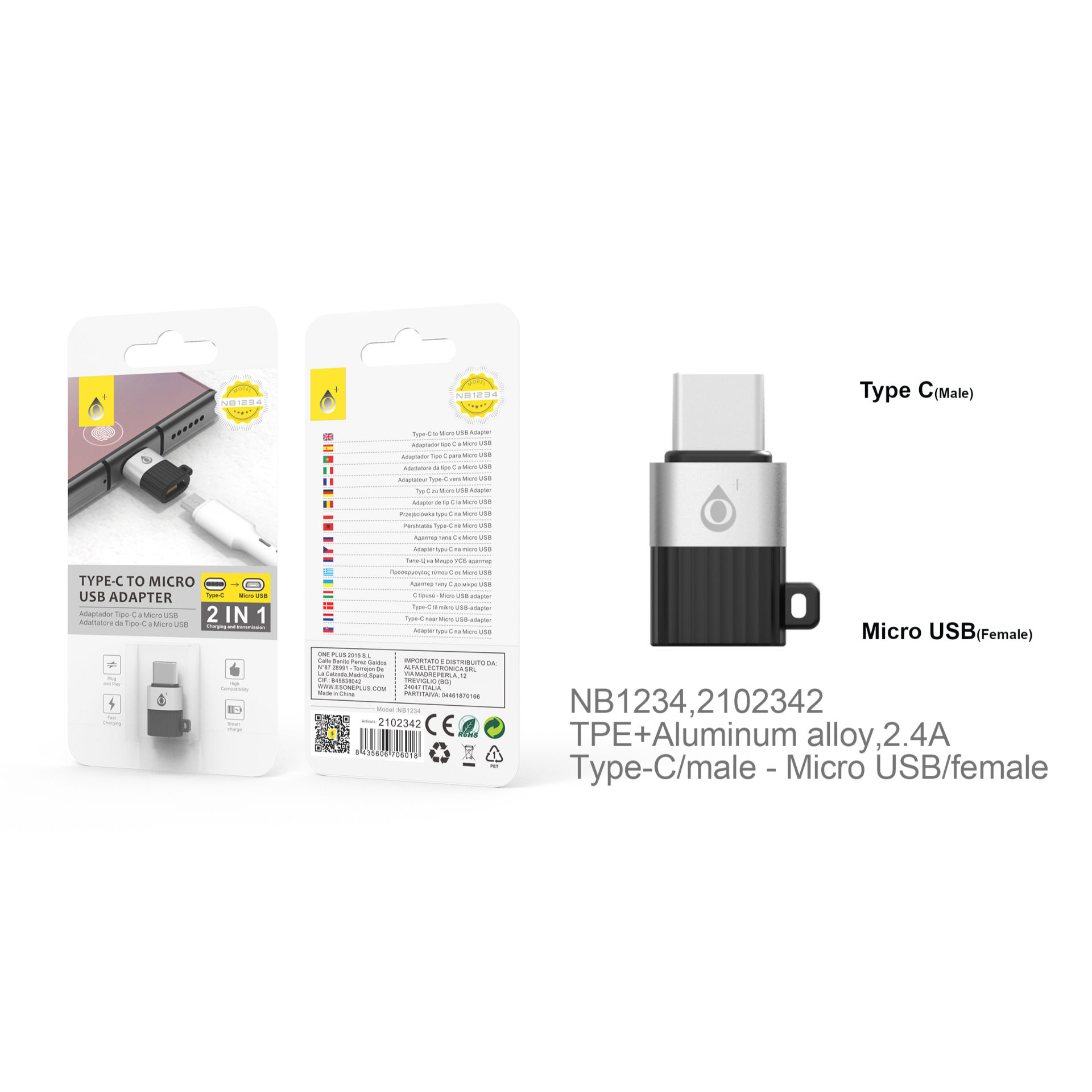 ONEPLUS NB1234 ADATTATORE DA USB C A MICRO USB 2.4A NEROOne Plus