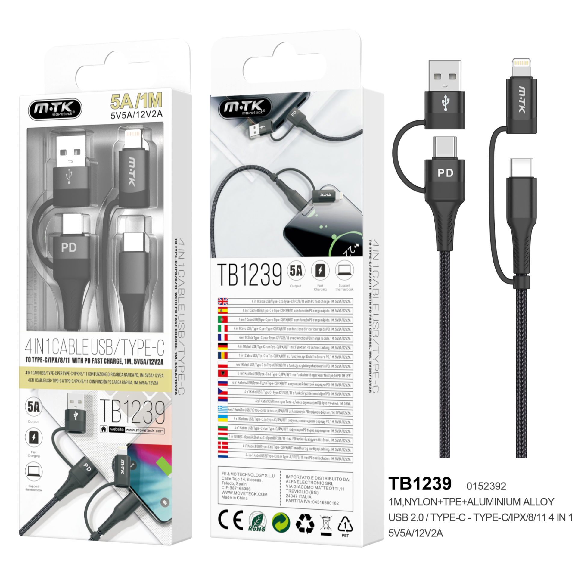 MTK TB1238 CAVO DATI 4 IN 1 TYPE-C/LIGHTNING/USB 5AKmt