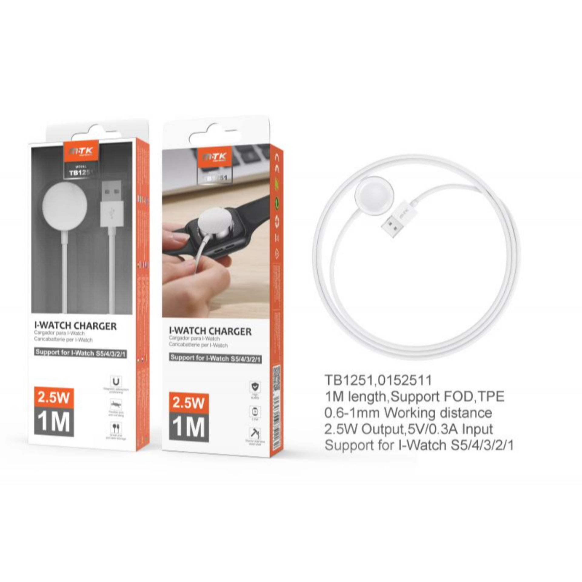 MTK CARICATORE MAGNETICO PER I-WATCH 2.5W 1M BIANCOMTK