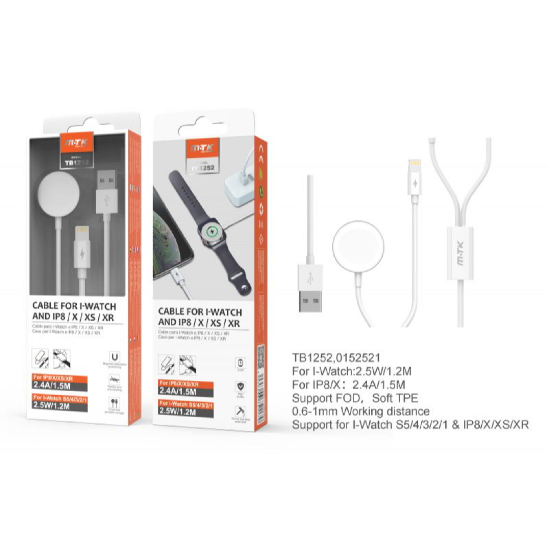 MTK CARICATORE 2 IN 1 MAGNETICO PER I-WATCH E LIGHTNING PER IPHONE, BIANCOMTK