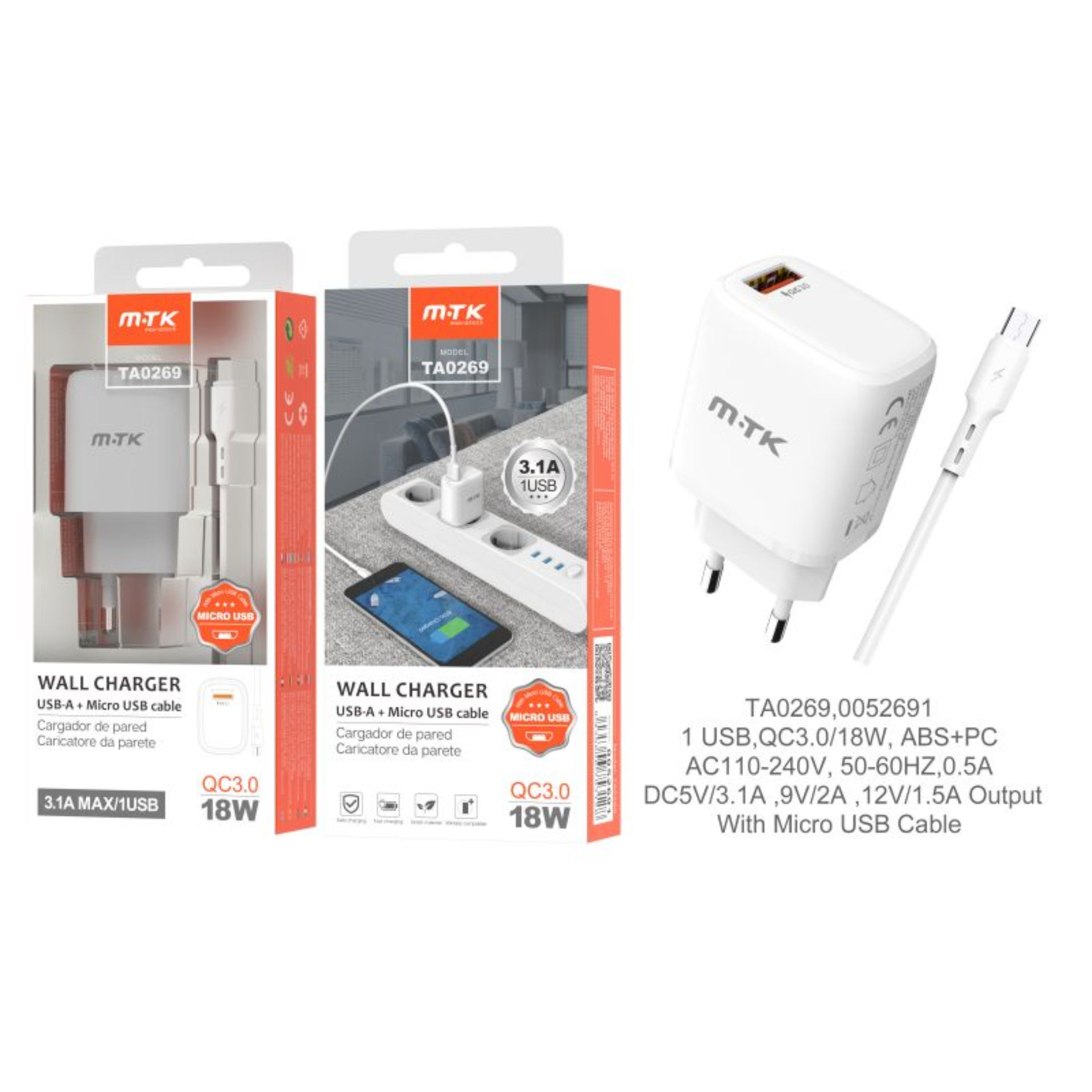 MTK CARICATORE RAPIDO USB A MURO QC 3.0, BIANCOMTK