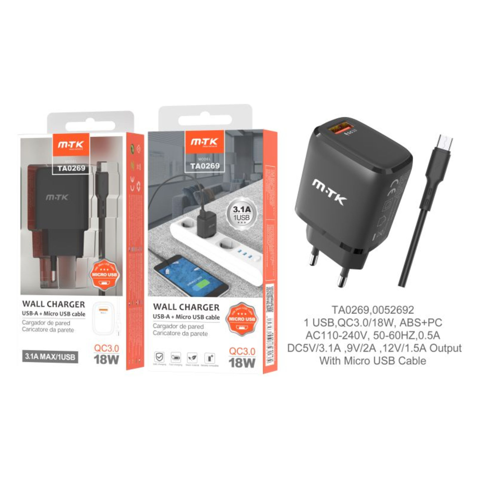 MTK CARICATORE RAPIDO USB A MURO QC 3.0, NEROMTK