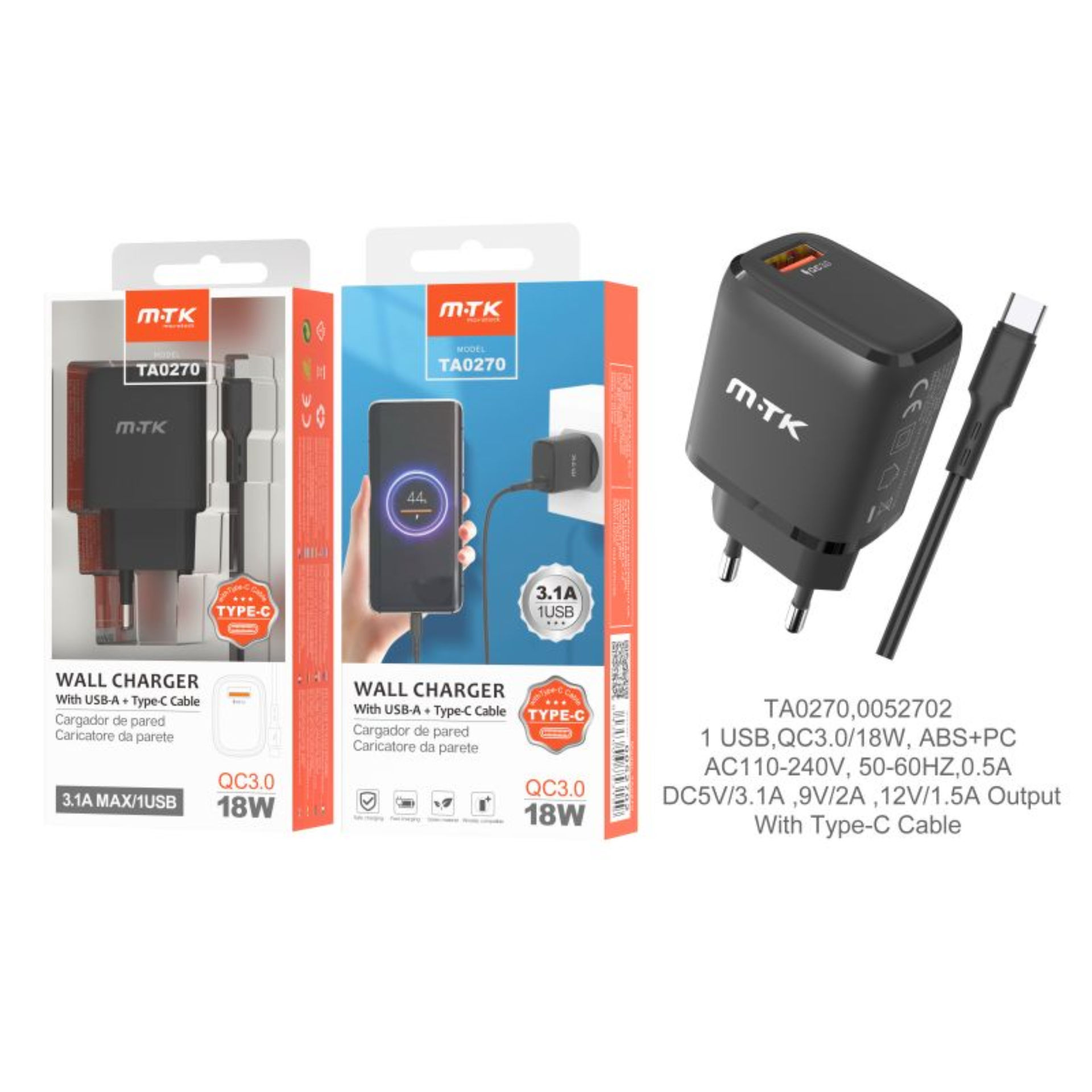 MTK CARICATORE RAPIDO USB A MURO QC 3.0, NEROMTK