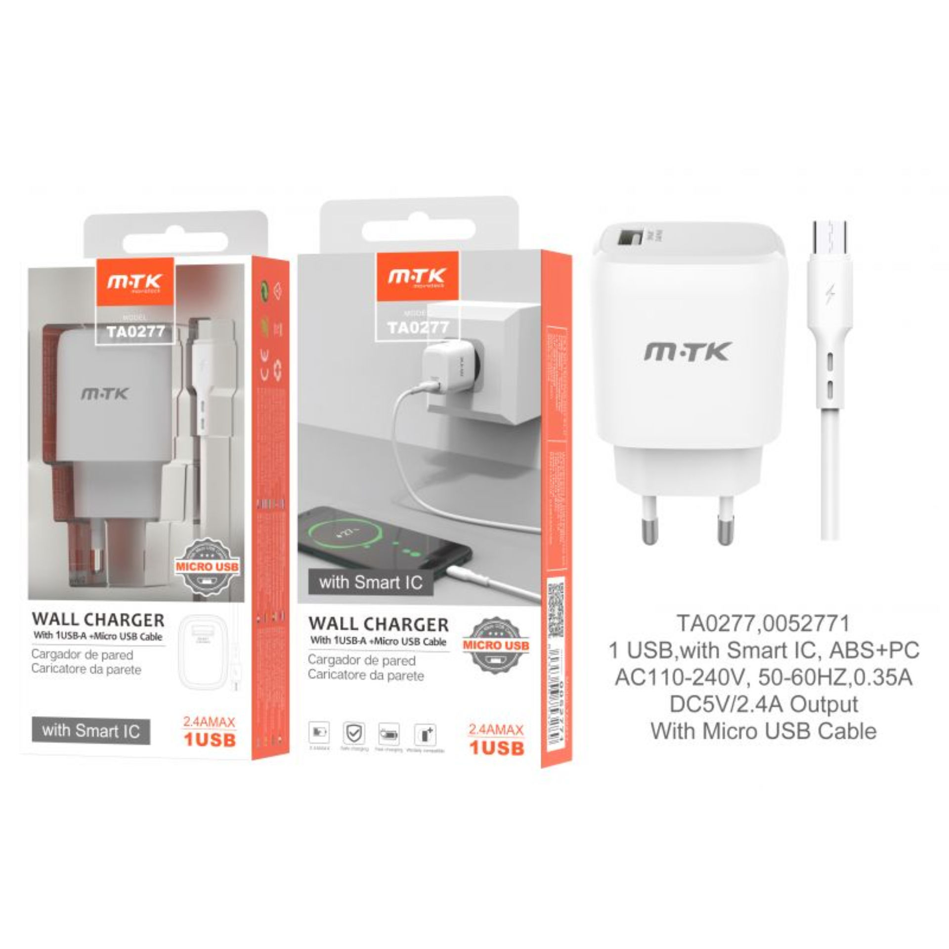 MTK CARICATORE USB A MURO CON USB 2.4A, BIANCOMTK