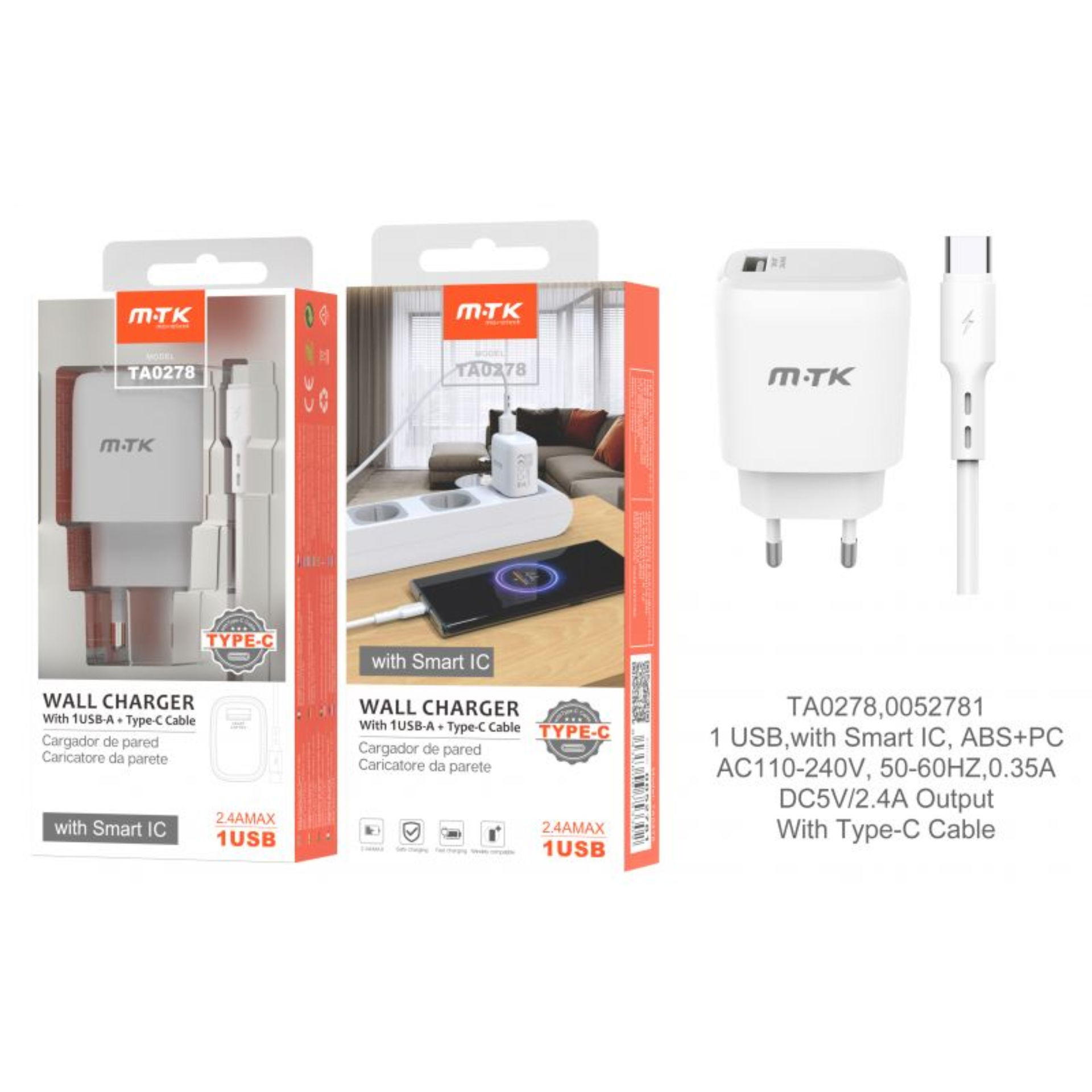 MTK CARICATORE USB A MURO CON USB 2.4A, BIANCOMTK