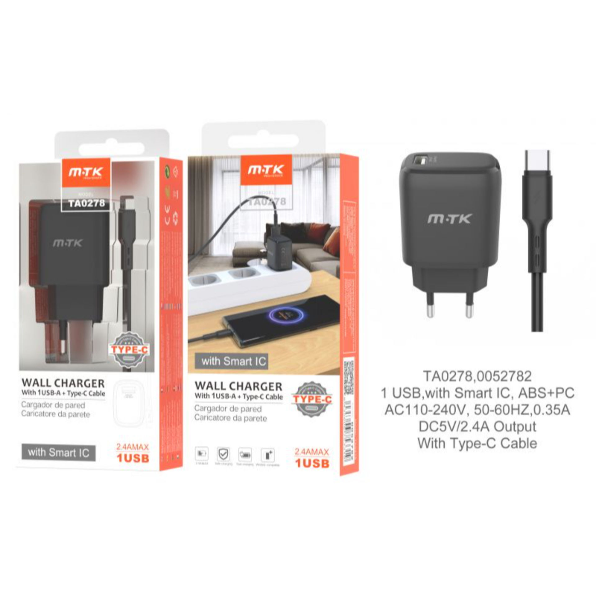 MTK CARICATORE USB A MURO CON USB 2.4A, NEROMTK