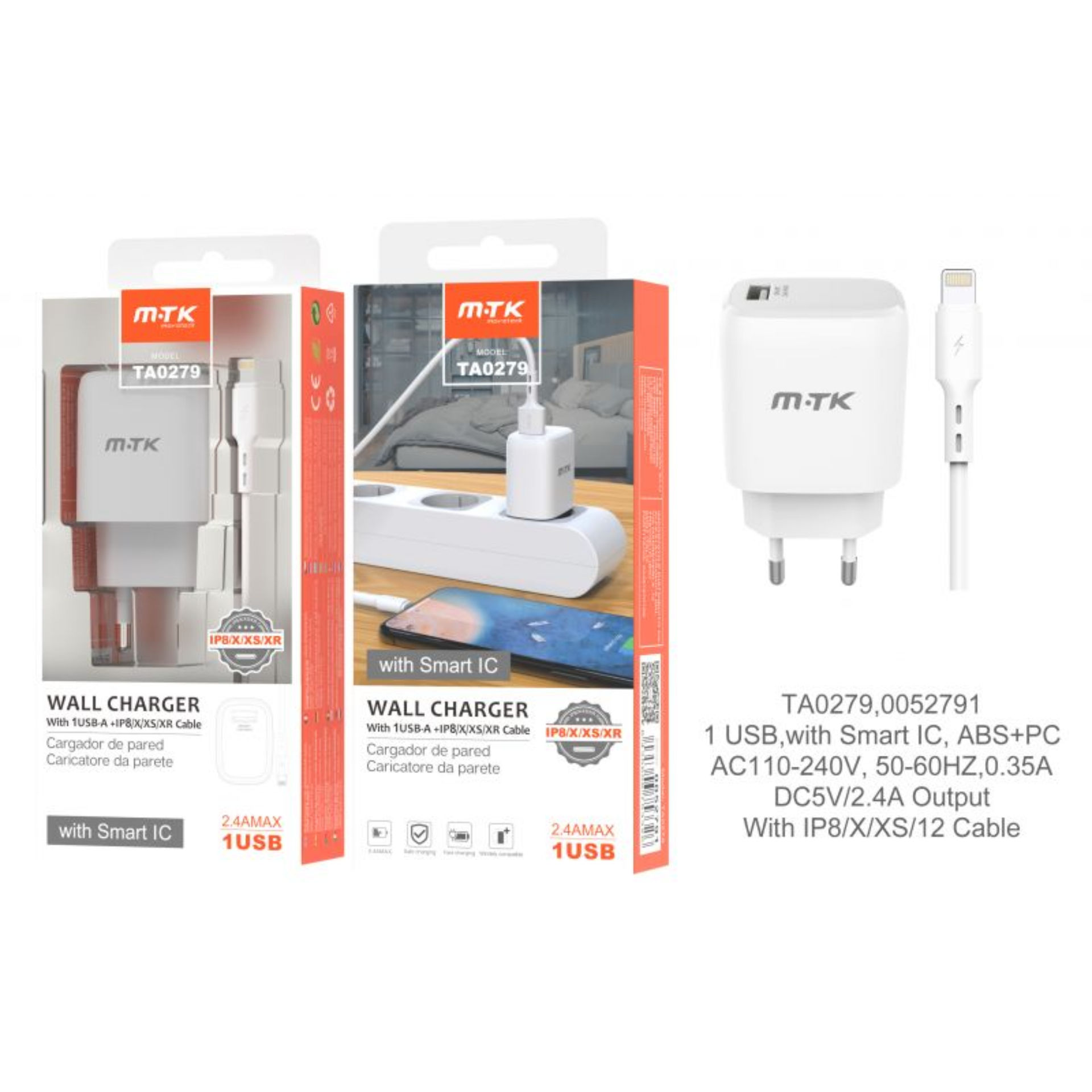 MTK CARICATORE USB A MURO CON USB 2.4A, BIANCOMTK