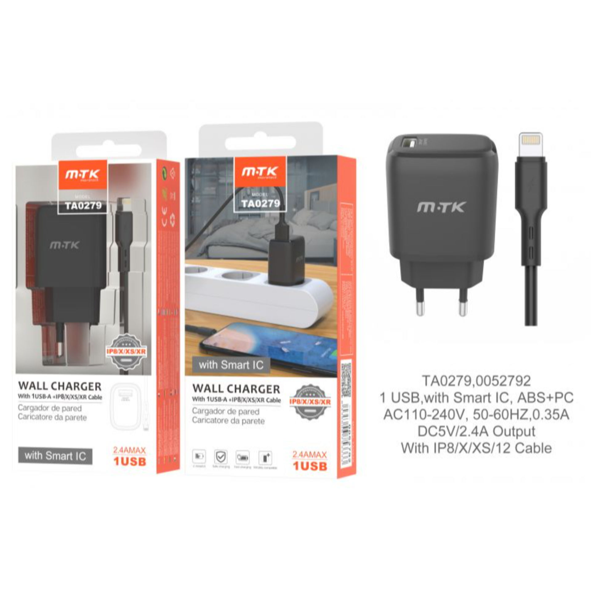 MTK CARICATORE USB A MURO CON USB 2.4A, NEROMTK