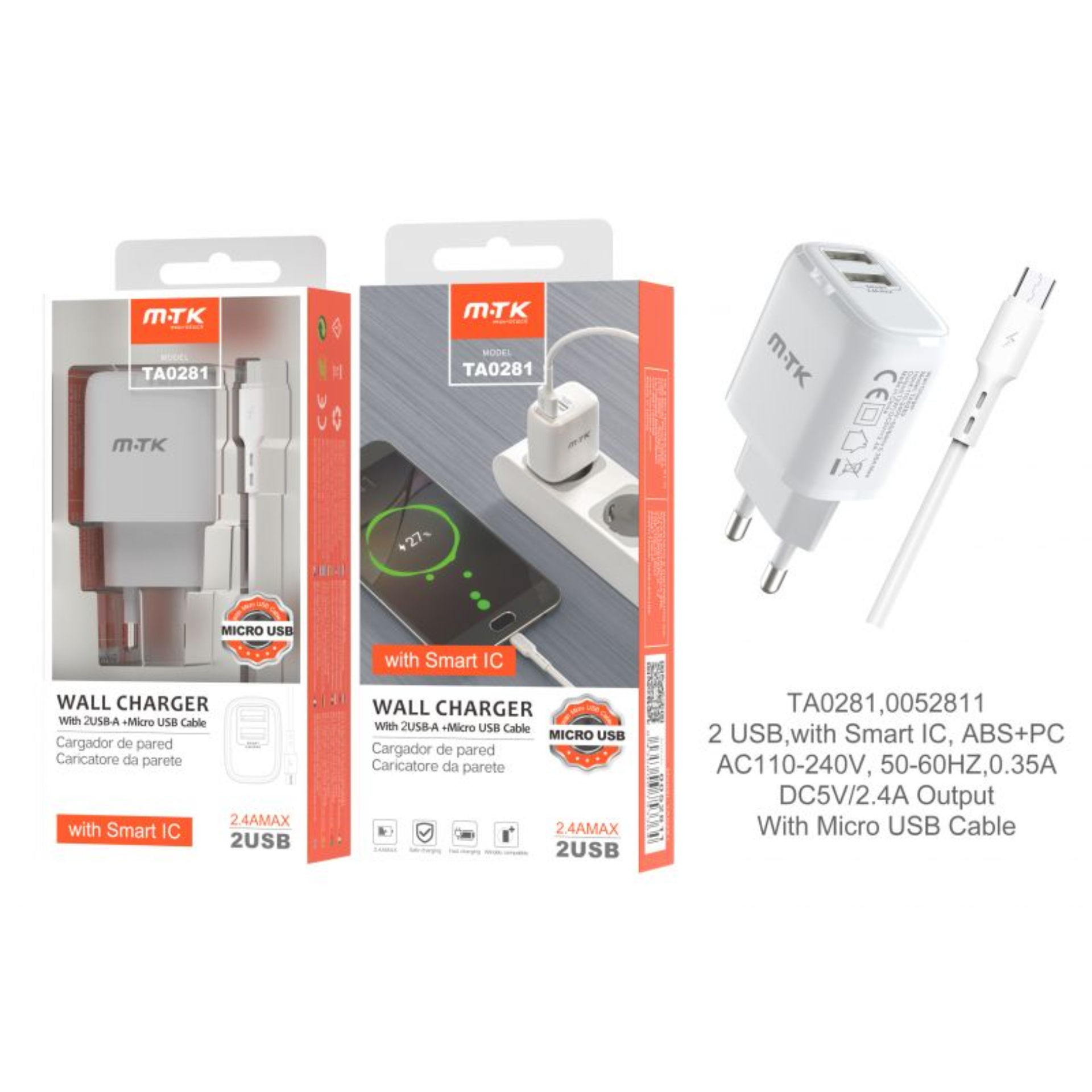 MTK CARICATORE USB A MURO CON 2 USB 2.4A, BIANCOMTK