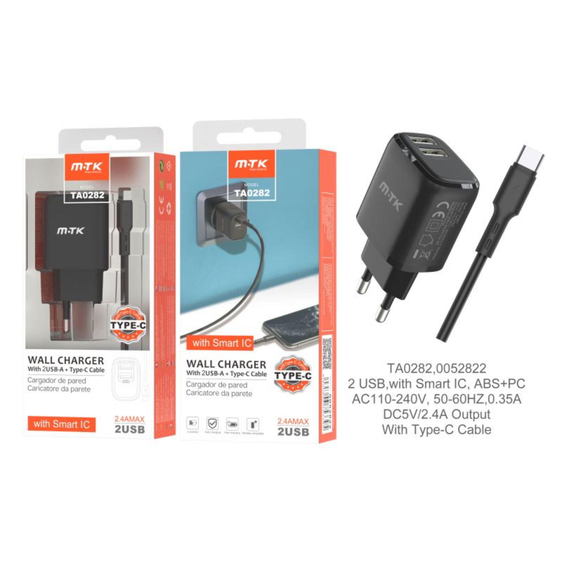 MTK CARICATORE USB A MURO CON 2 USB 2.4A, NEROMTK