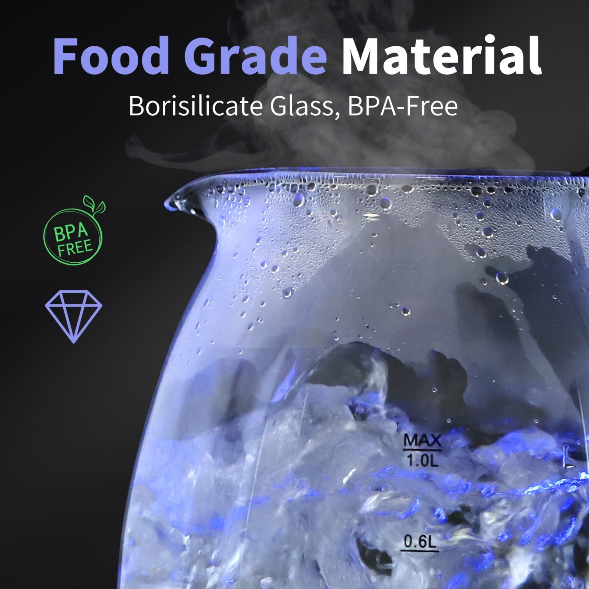 BOLLITORE ELETTRICO IN VETRO 1850-2200W,1000ML,NERO