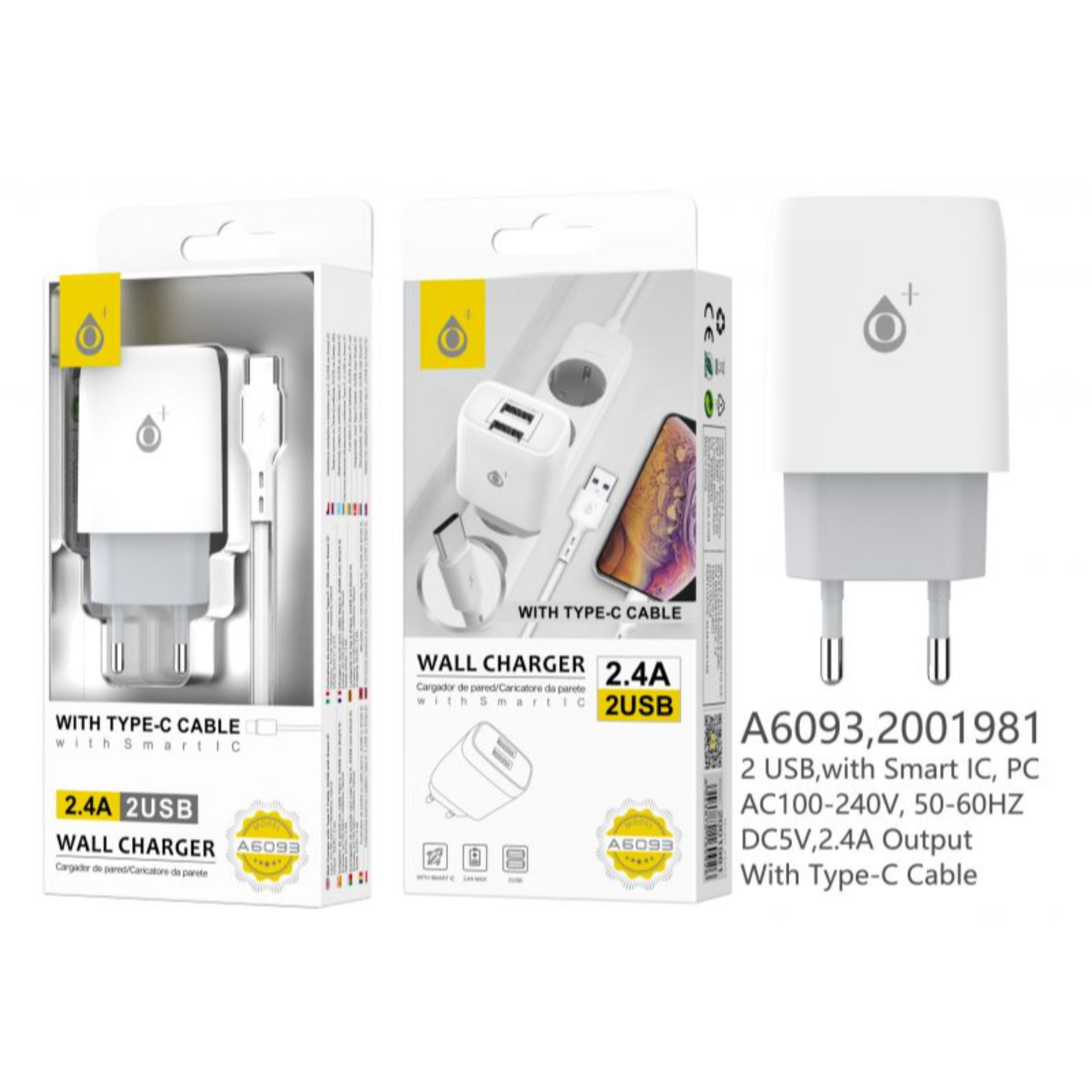 ONEPLUS CARICATORE USB A MURO CON 2 USB 2.4A, BIANCOOne Plus