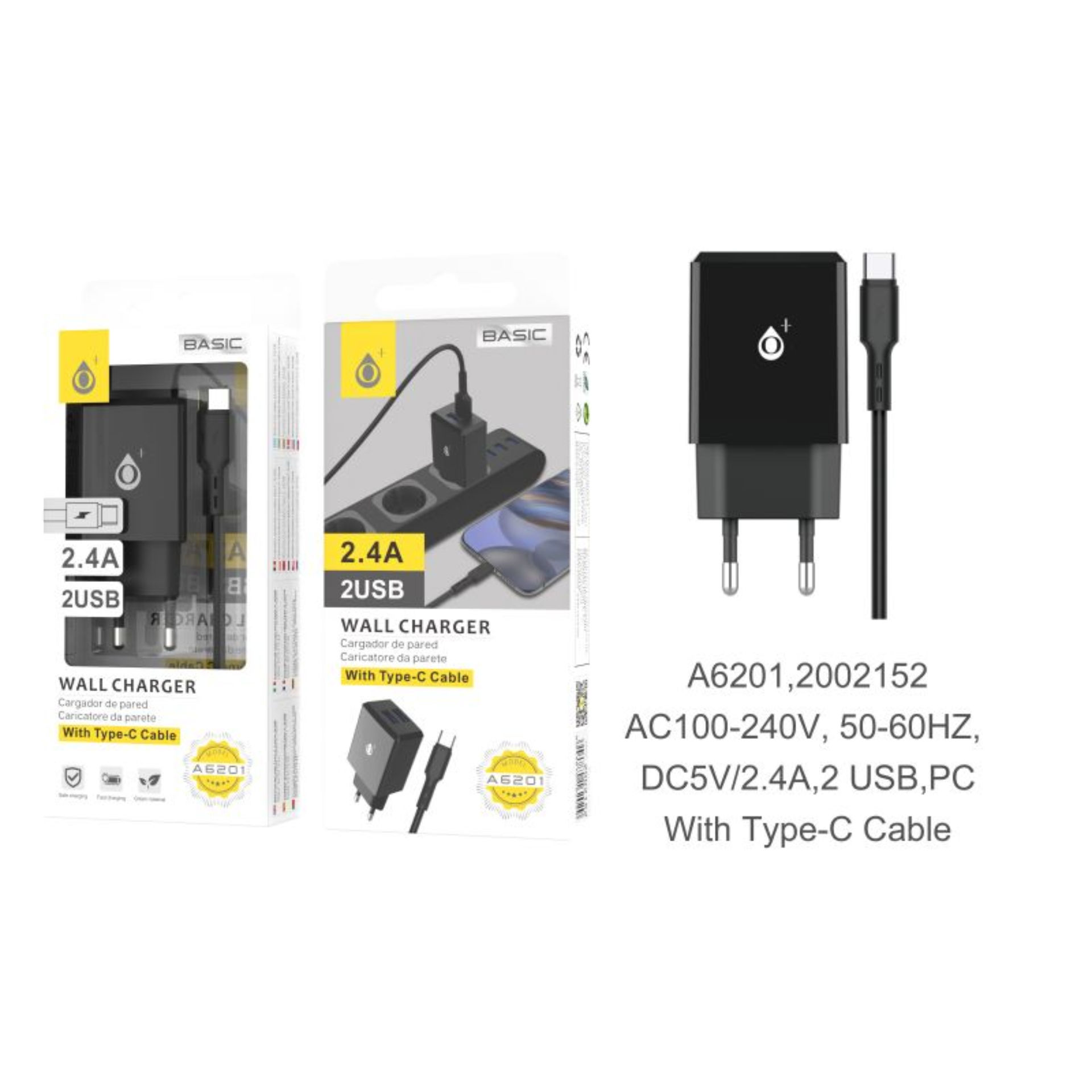 ONEPLUS CARICATORE USB A MURO BASIC CON 2 USB 2.4A, NEROOne Plus