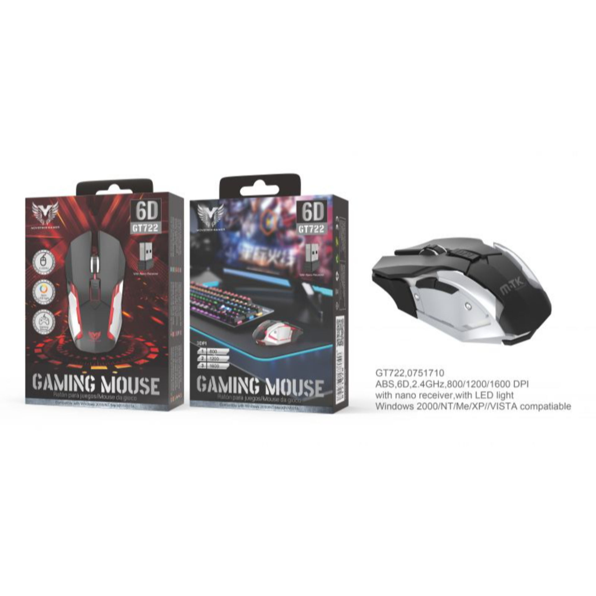 MTK GT722 MOUSE GAMING OTTICO WIRELESS 800/1200/1600 DPIMTK