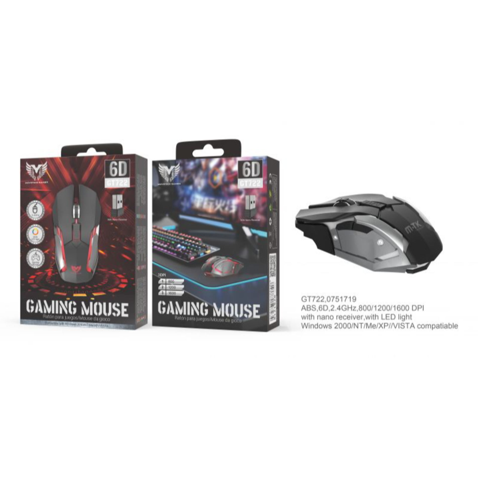 MTK GT722 MOUSE GAMING OTTICO WIRELESS 800/1200/1600 DPIMTK