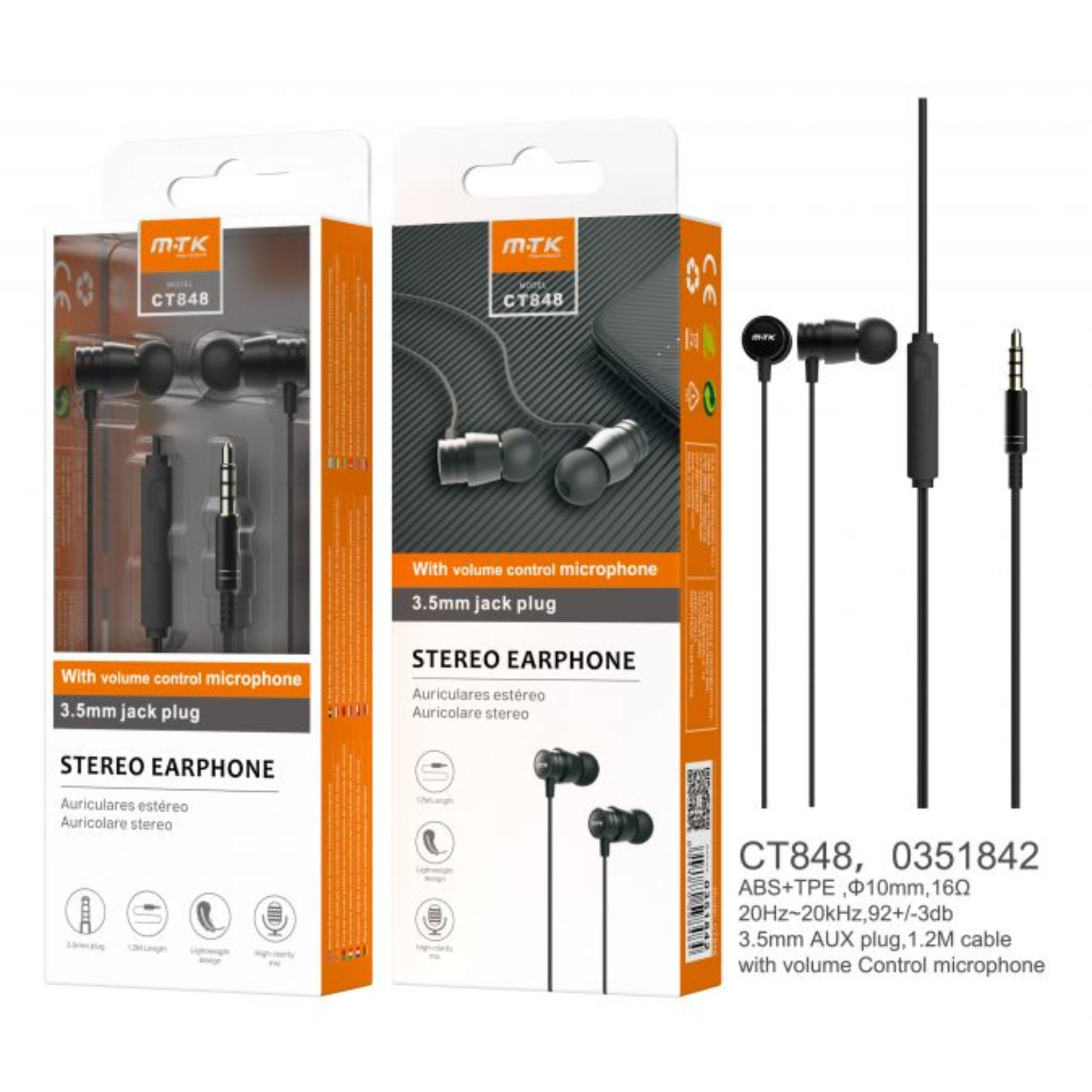 MTK CT848 CUFFIE AURICOLARI AUX CON MIC E VOLUME CONTROL NEROMTK