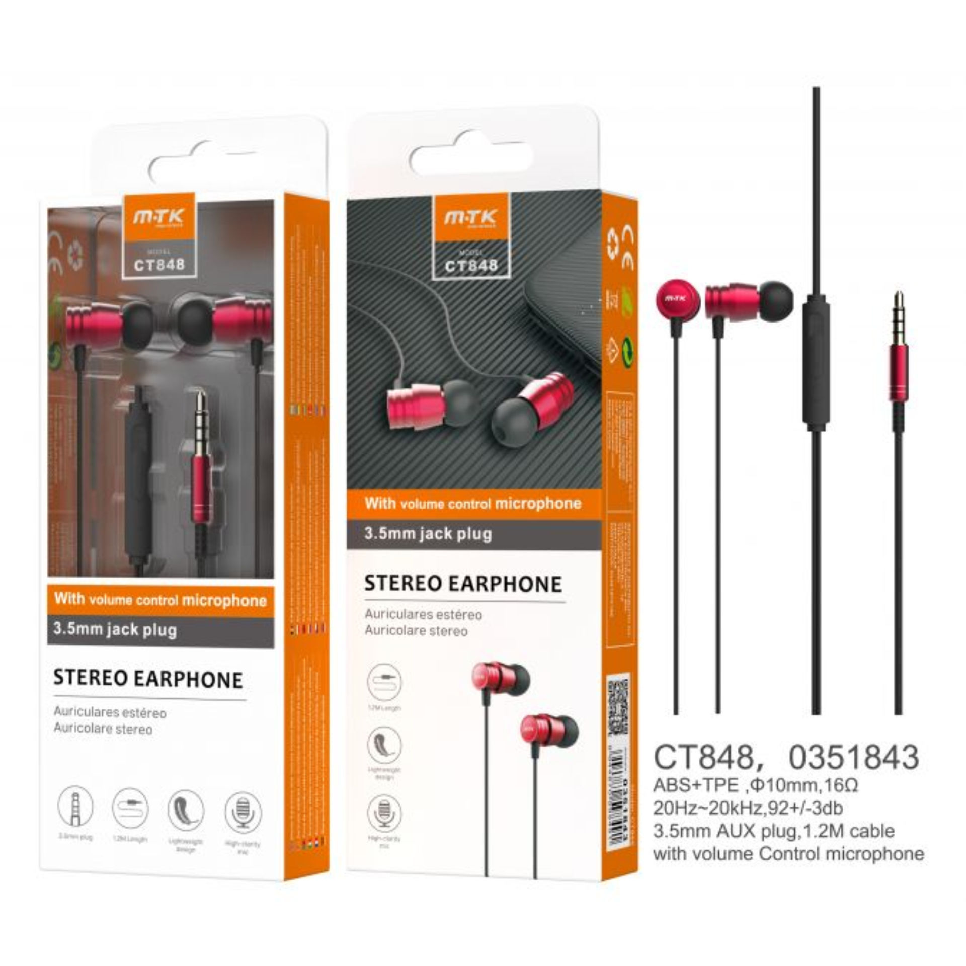 MTK CT848 CUFFIE AURICOLARI AUX CON MIC E VOLUME CONTROL ROSSOMTK