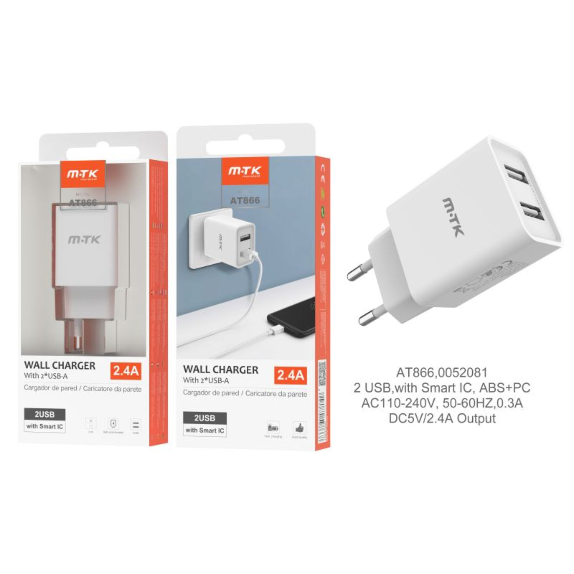 MTK CARICATORE USB A MURO CON 2 USB 2.4A, BIANCOMTK