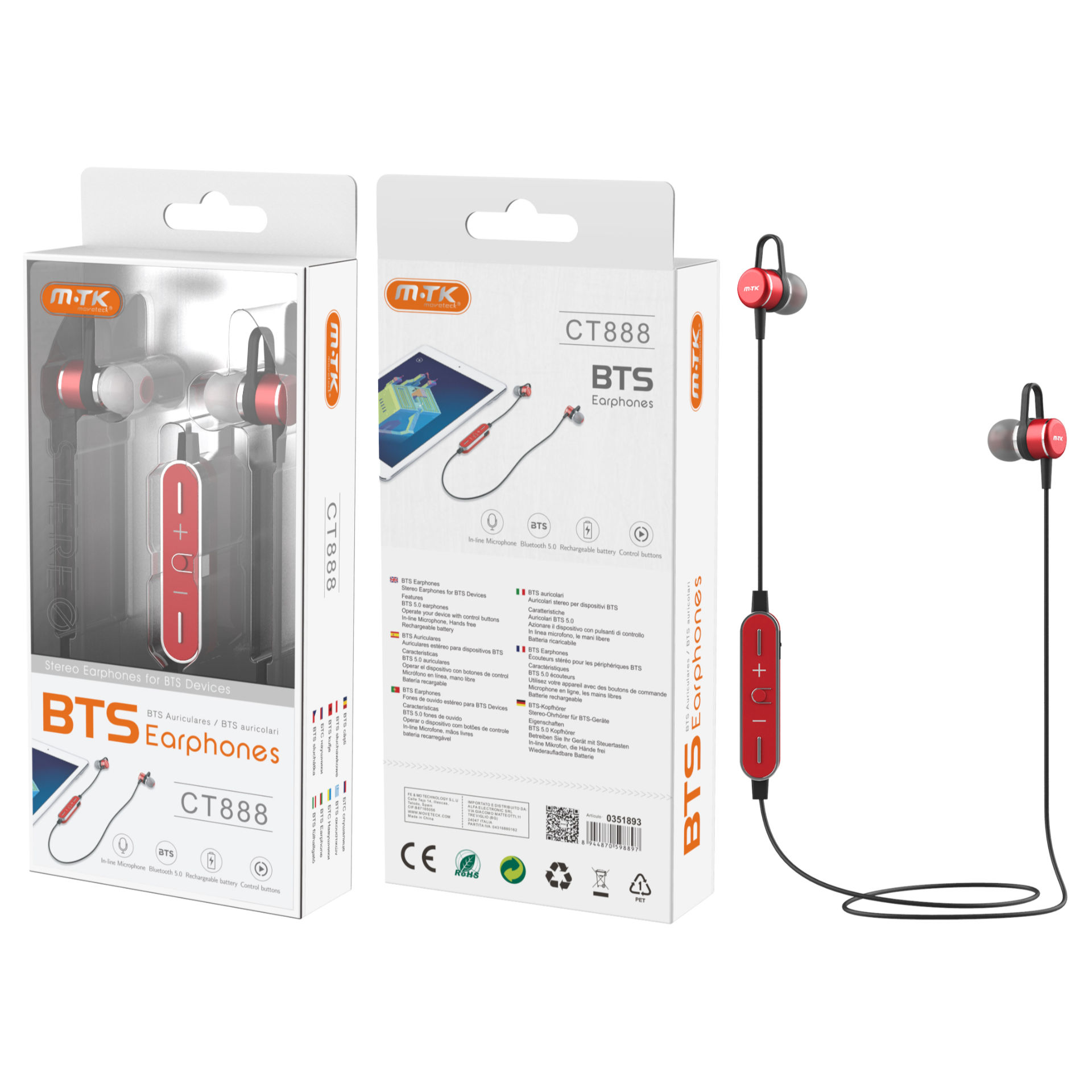 MTK CT888 CUFFIE BLUETOOTH 5.0 SPORTIVE ROSSOMTK